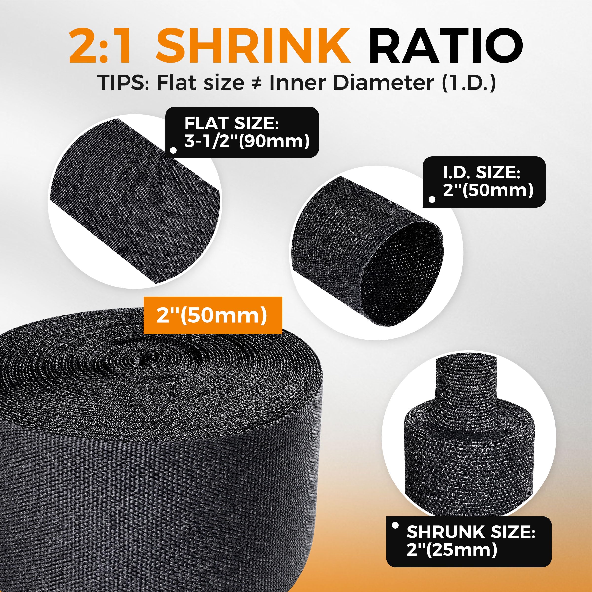 Manicotto intrecciato termorestringente nero 2:1, resistente all'usura, in tessuto piatto e termorestringente, per cavi auto, protezione per cavi e tubi (5,8 m - 5,8 m)