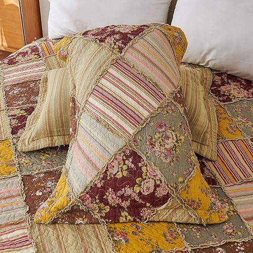 Miniatura 8 de Cmfshape Juego de colcha floral 100% algodón, juego de ropa de cama de retazos de algodón para todas las estaciones, colcha reversible ligera con 2