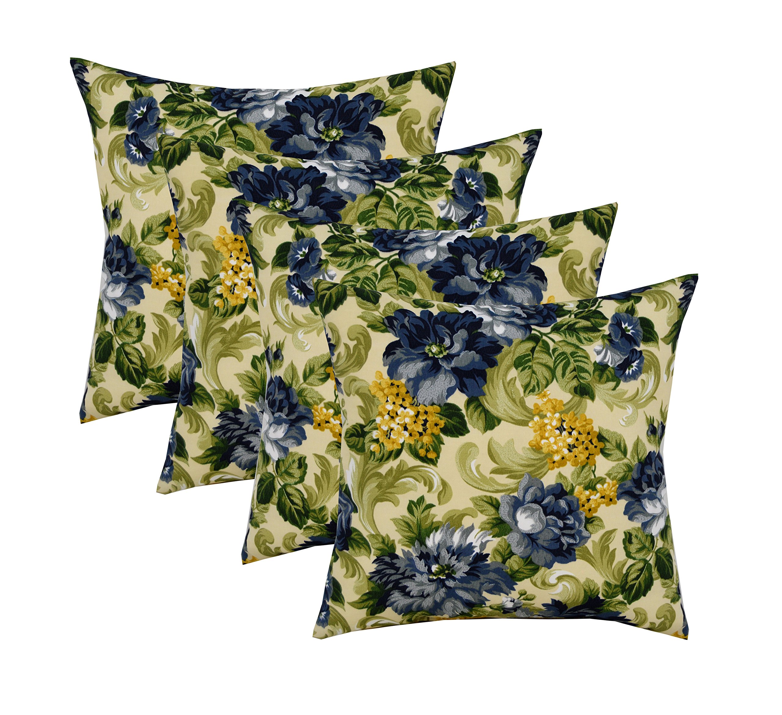 RSH Décor Set of 4 Indoor/Outdoor Square Throw Pillows Covers 17" (Blue Yellow Floral with Green Leaves)