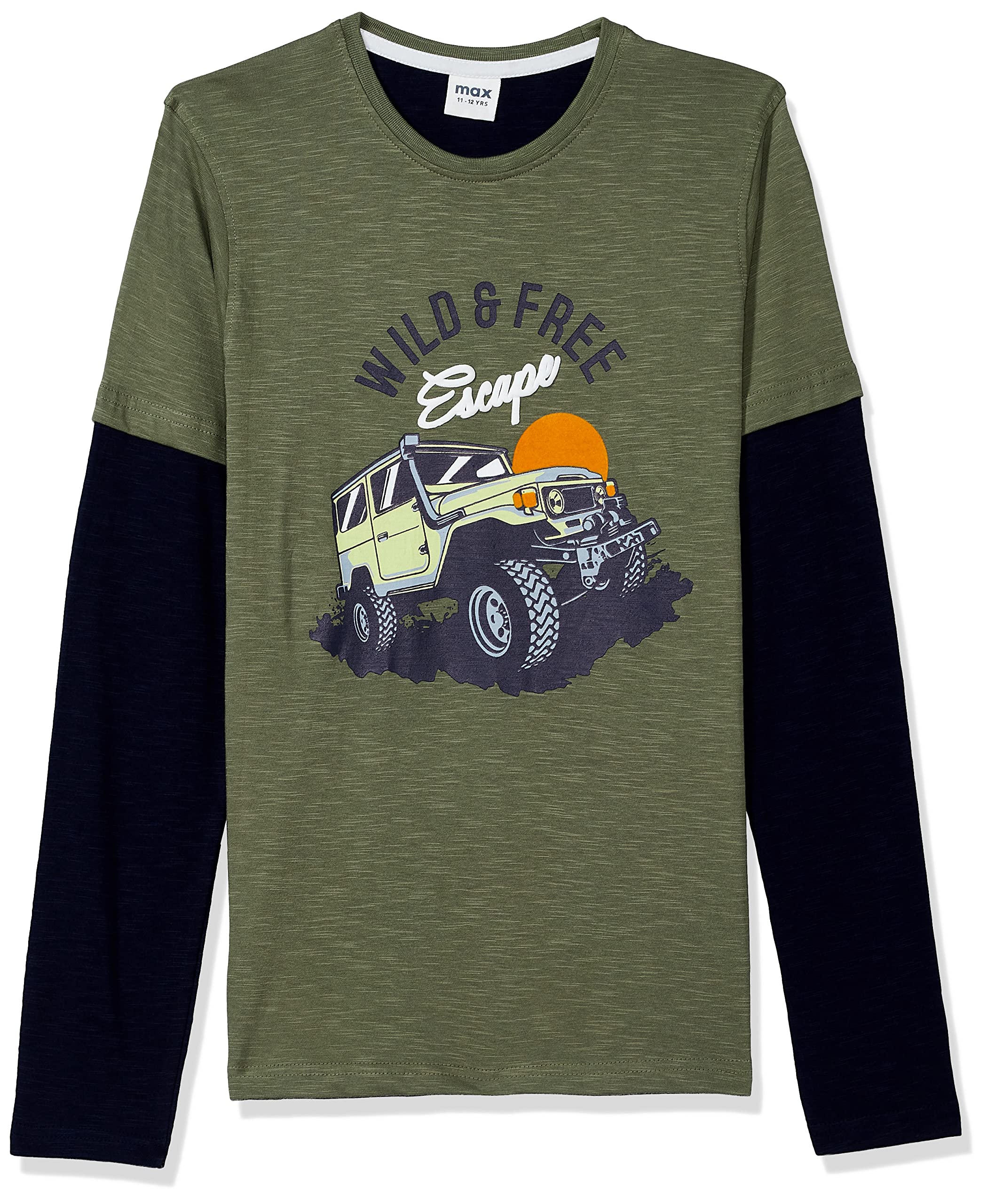 MaxBoys Boys Typographic Print Crew Neck T-Shirt (M22FCS03OLIVE Green_11-12Y)