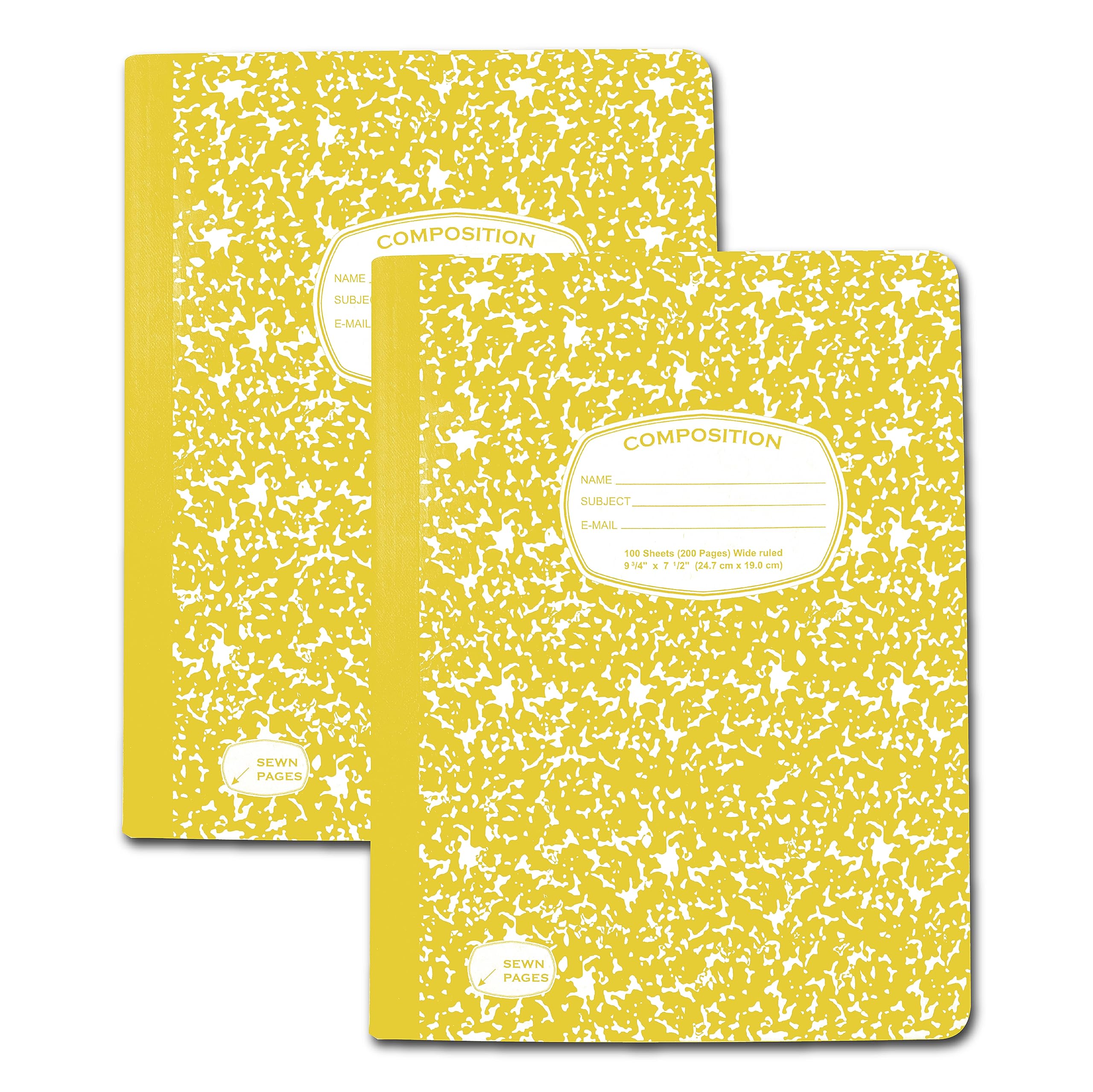 AUKSales Composition Notebook Wide Ruled Composition Notebook, 2 Pack, 9-3/4" x 7-1/2", 100 Sheets, Yellow Marble Notebook School Notebook, Composition Notebooks for School College & Office Supplies