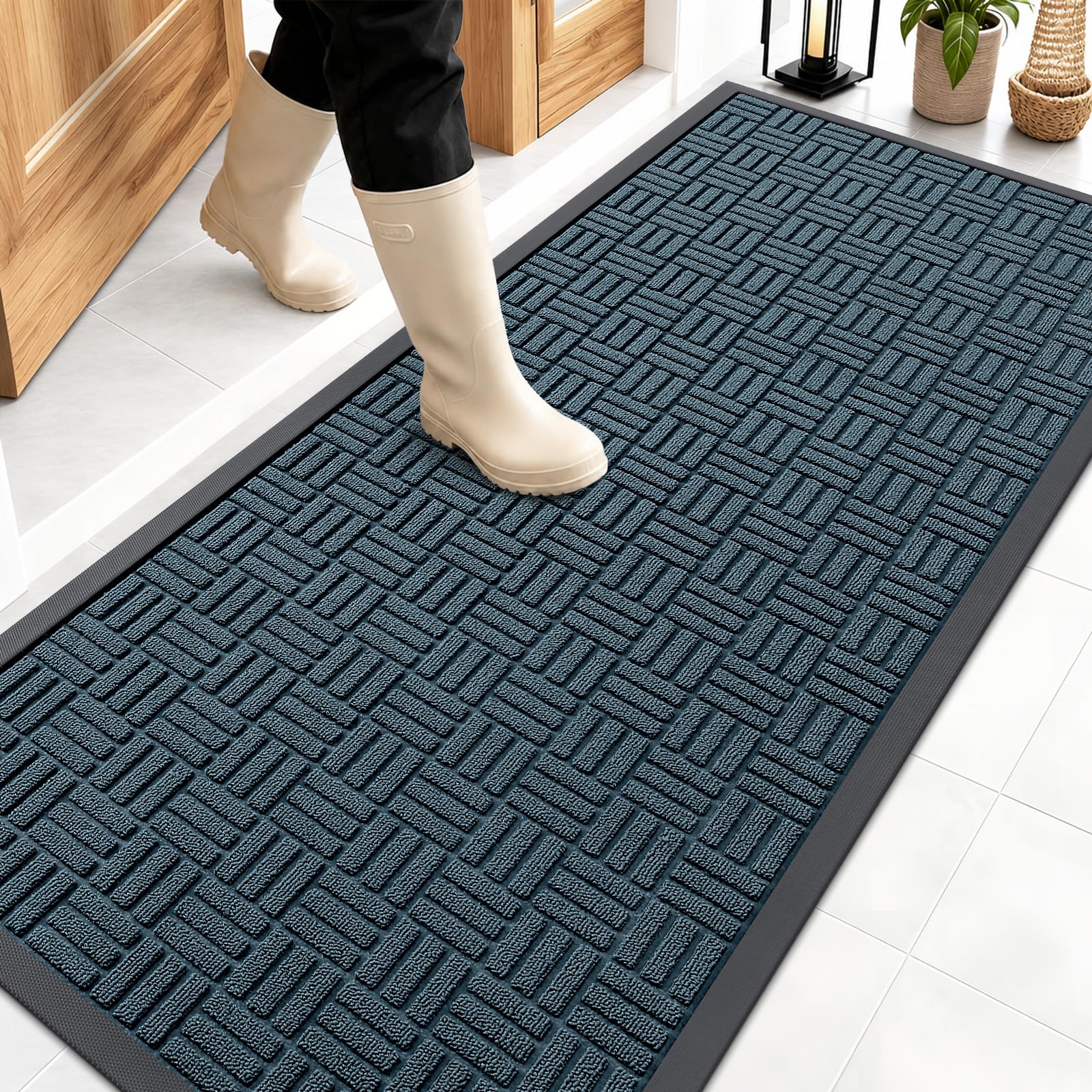 OLANLY Front Door Mat Outside Entrance 59x23, Heavy-Duty Rubber Doormat | Lake Blue, Stain and Fade Resistant, Non-Slip Backing, Low-Profile Indoor Outdoor Floor Mat for Entryway, Easy to Clean