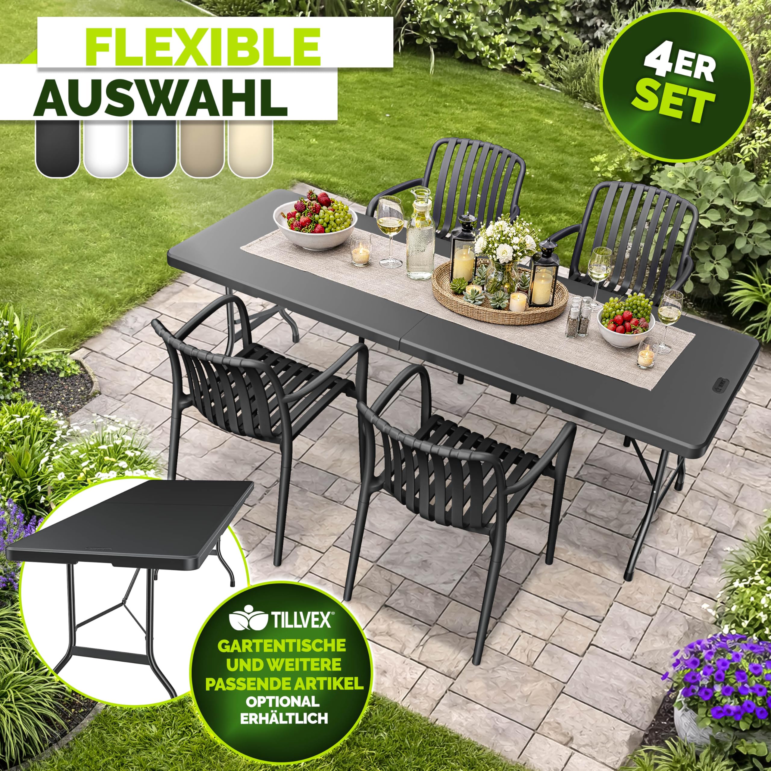 tillvex® Gartenstühle 4er Set Stapelbar Wetterfest mit Armlehne | Outdoor Stühle bis 120kg belastbar | Gartenstühle Outdoor | Terrassenstuhl Gartenmöbel Balkon Garten Terrasse
