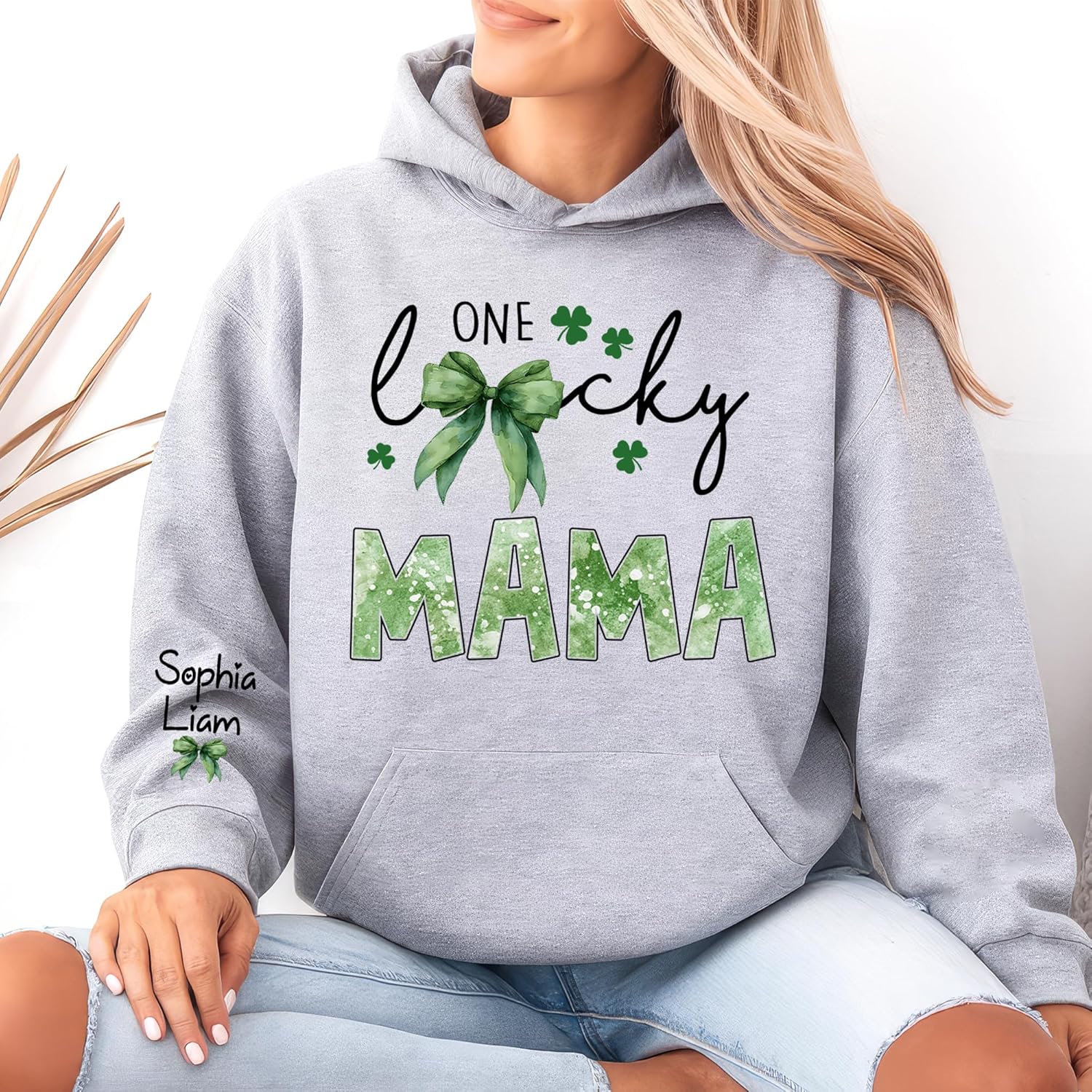 Personalized One Lucky Family Shirt for Mom Grandma Nana Mimi Gigi with Custom Name Sleeve Shamrock T Shirt - Image 2