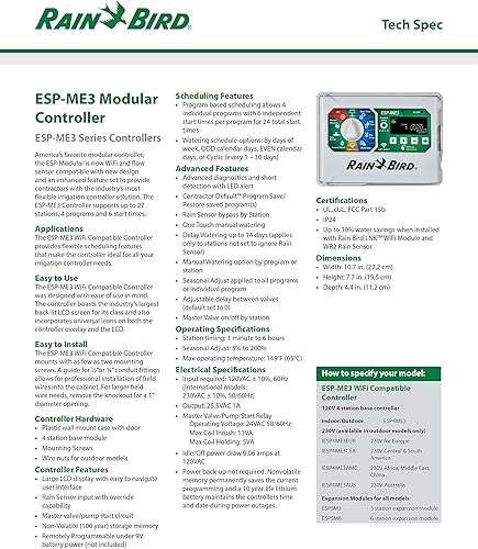 Miniatura 8 de Rain-Bird Controlador Temporizador de riego de césped para interiores y exteriores ESPME3 (solo controlador)