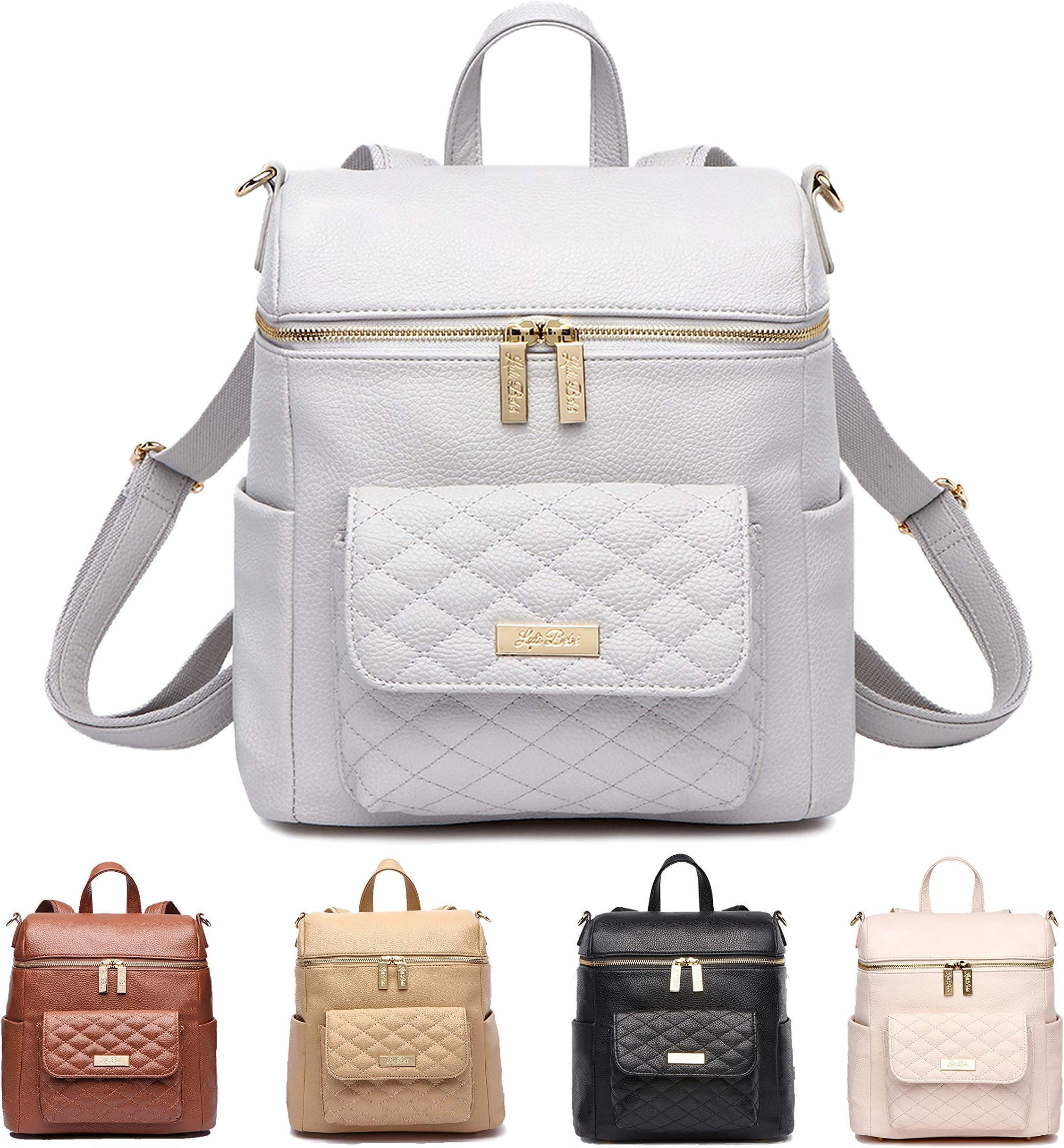 Petit Monaco Diaper Bag Backpack by Luli Bebe - Chic Vegan Leather Diaper Bag Backpack with Luxury Quilted Gender Neutral Design, Stroller Straps, Messenger Strap (Stone Grey)