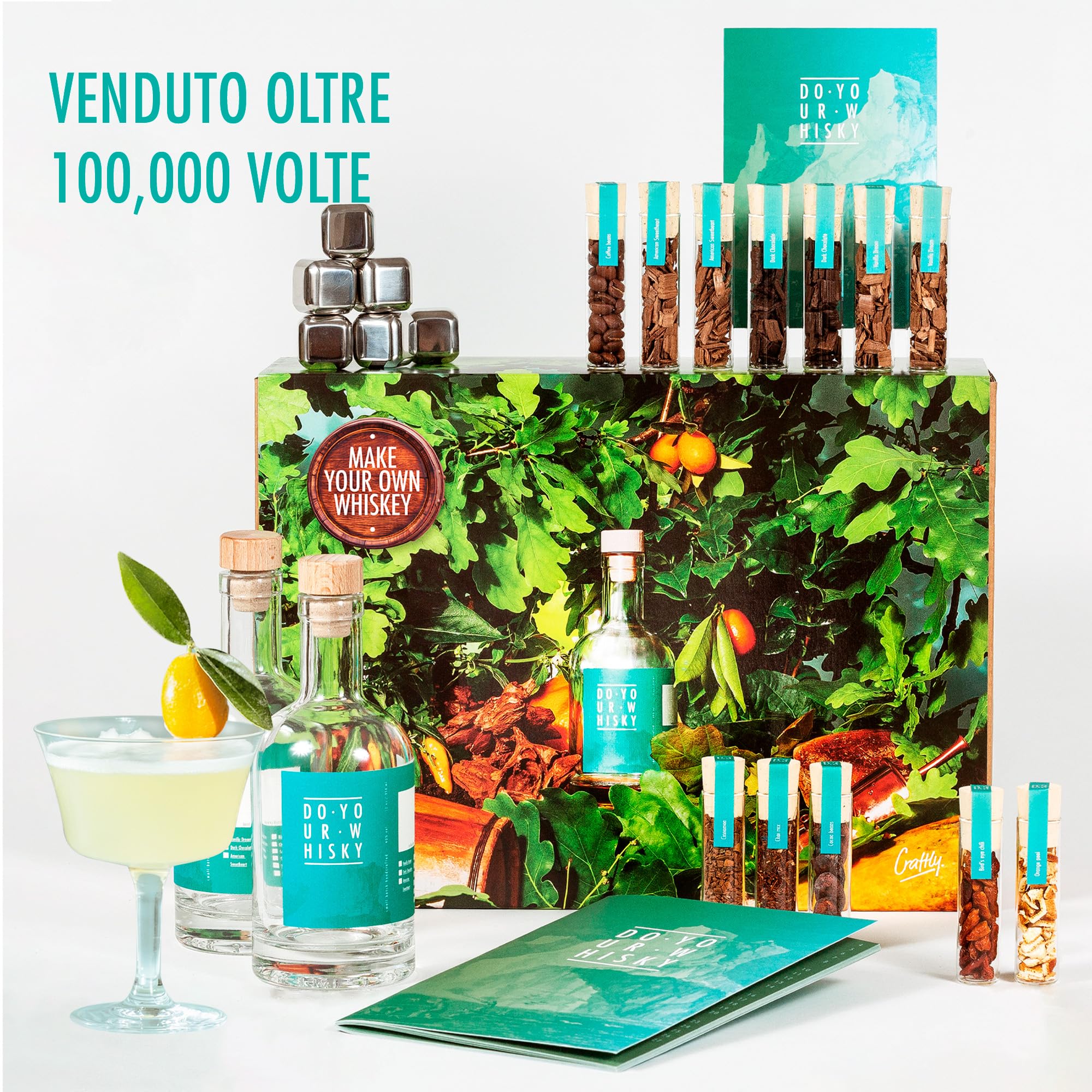 Do your Gin - Set per whisky fai da te “Do your Whisky”, per la casa o come idea regalo, 12 tipi di legno & botanical in contenitori di vetro, 6 pietre per whisky