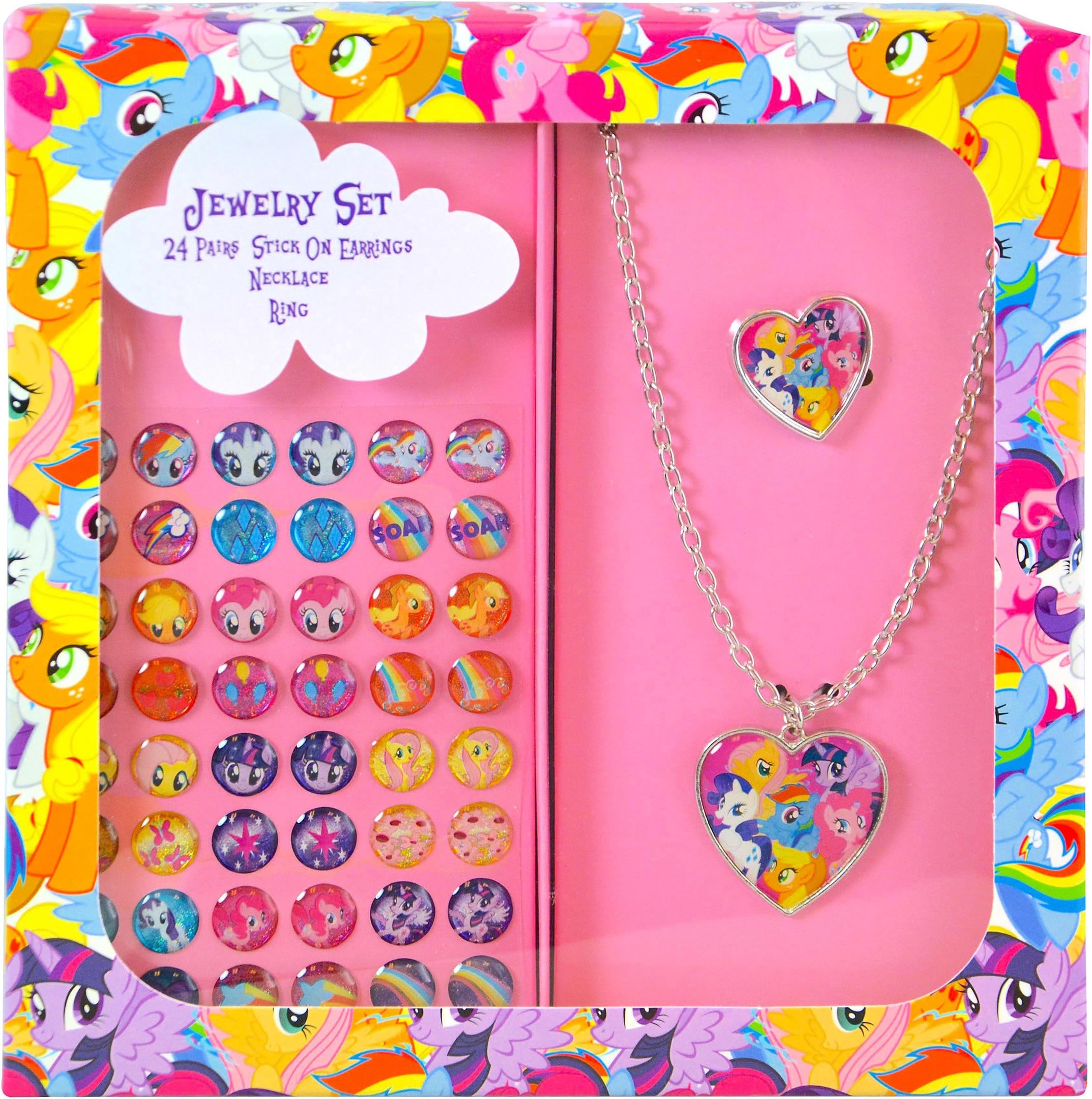 Karacter Corner My Little Pony Jewelry Set in Printed Box, 24 Pairs Stick on Earrings, Necklace, Ring