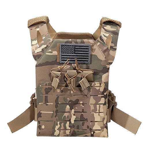 Childrens Tactical Airsoft Paintball Kids Vest, Free US Flag Patch, Mil Spec PALS Laser cut Molle Modular w/Mag Pouches (Multi-cam)