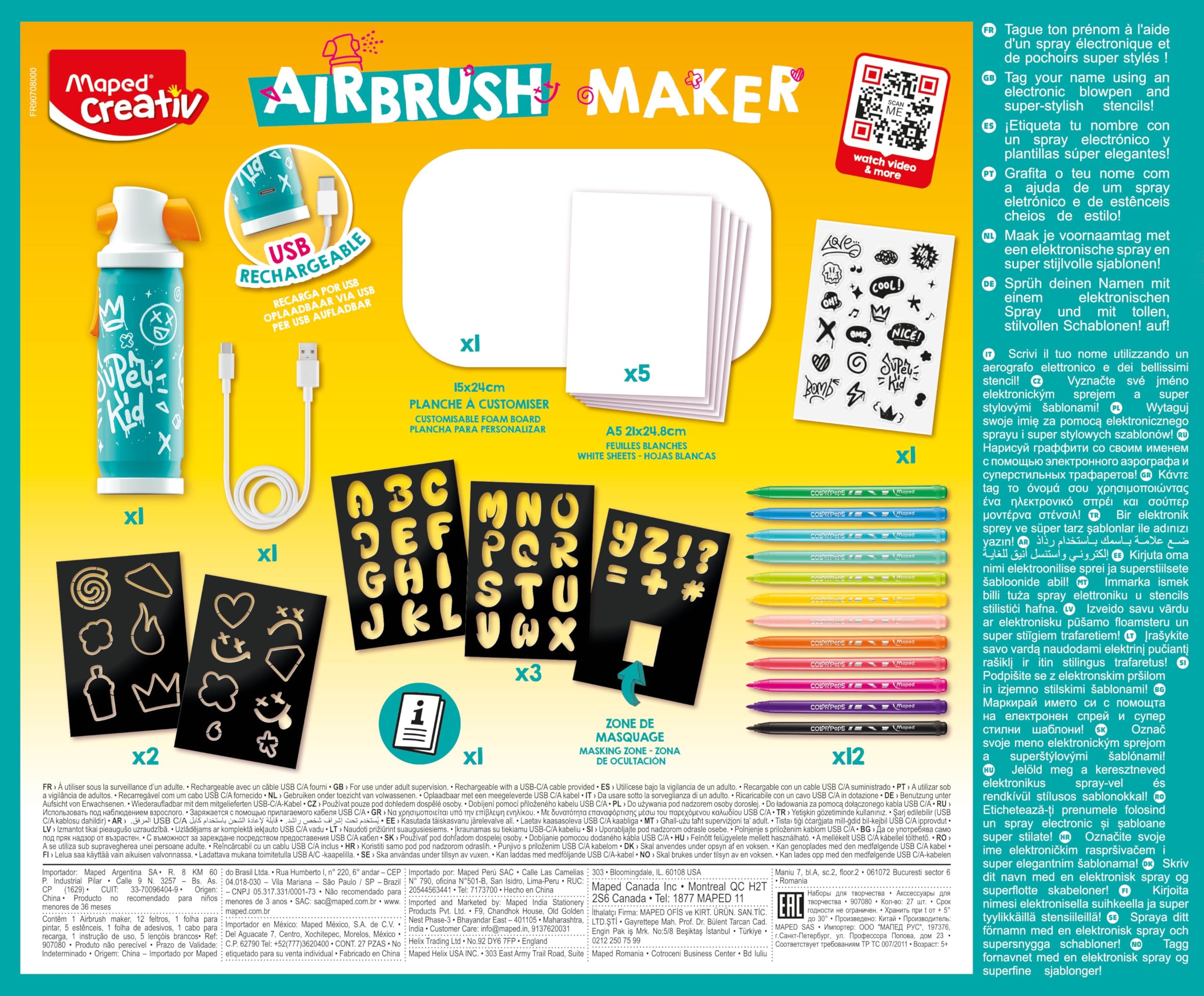 Maped Creativ Airbrush Maker - Bomboletta aerografo per bambini per creare effetti incredibili - Attività Graffiti - Trasforma i tuoi feltri in spray elettronico - Kit per il tempo libero creativo