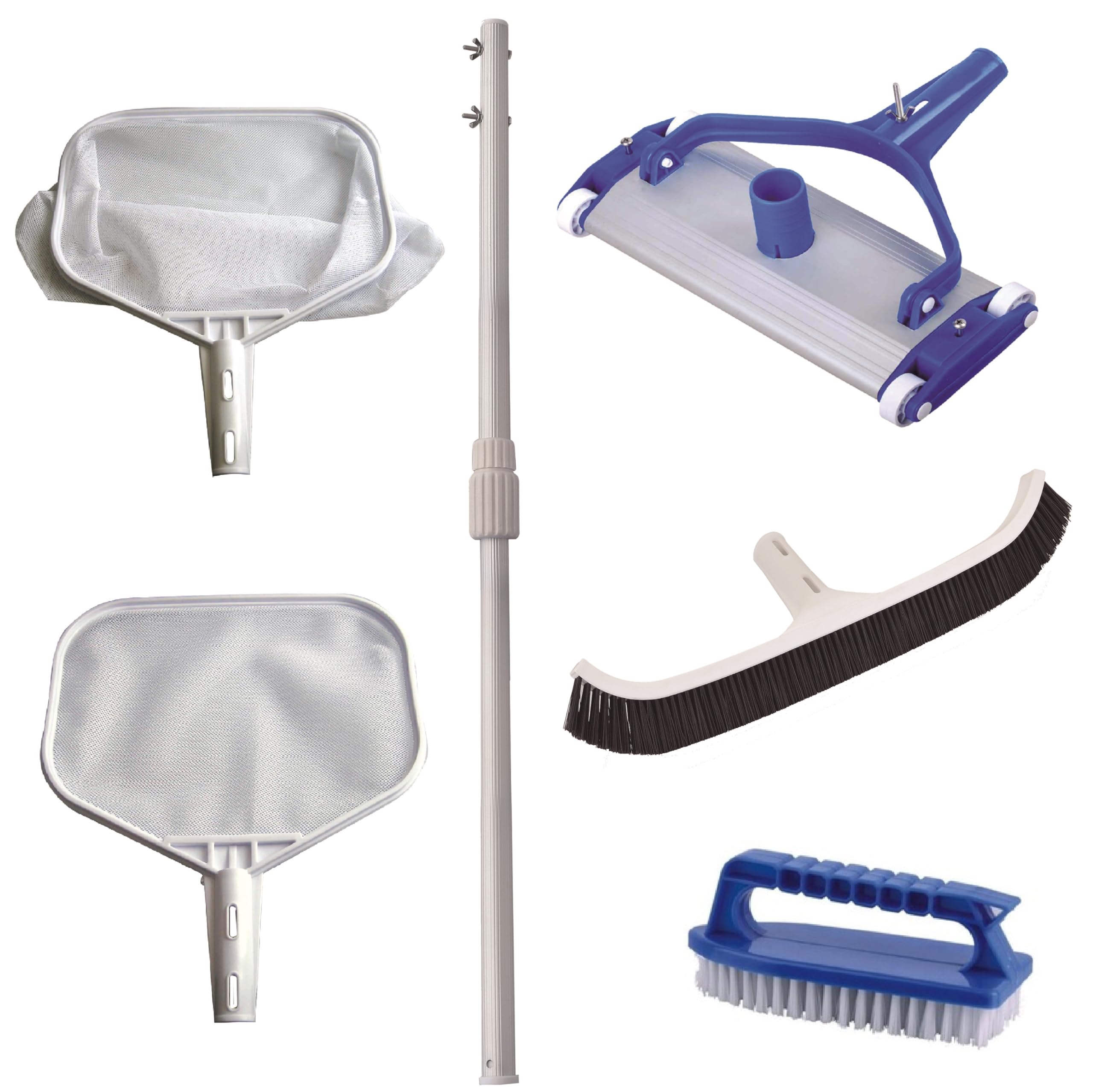 Kit de Limpieza Profesional conexión Clip para Piscinas Grandes - 1 Limpiafondos + 1 Pértiga + 2 Recogehojas + Cepillo Multiusos