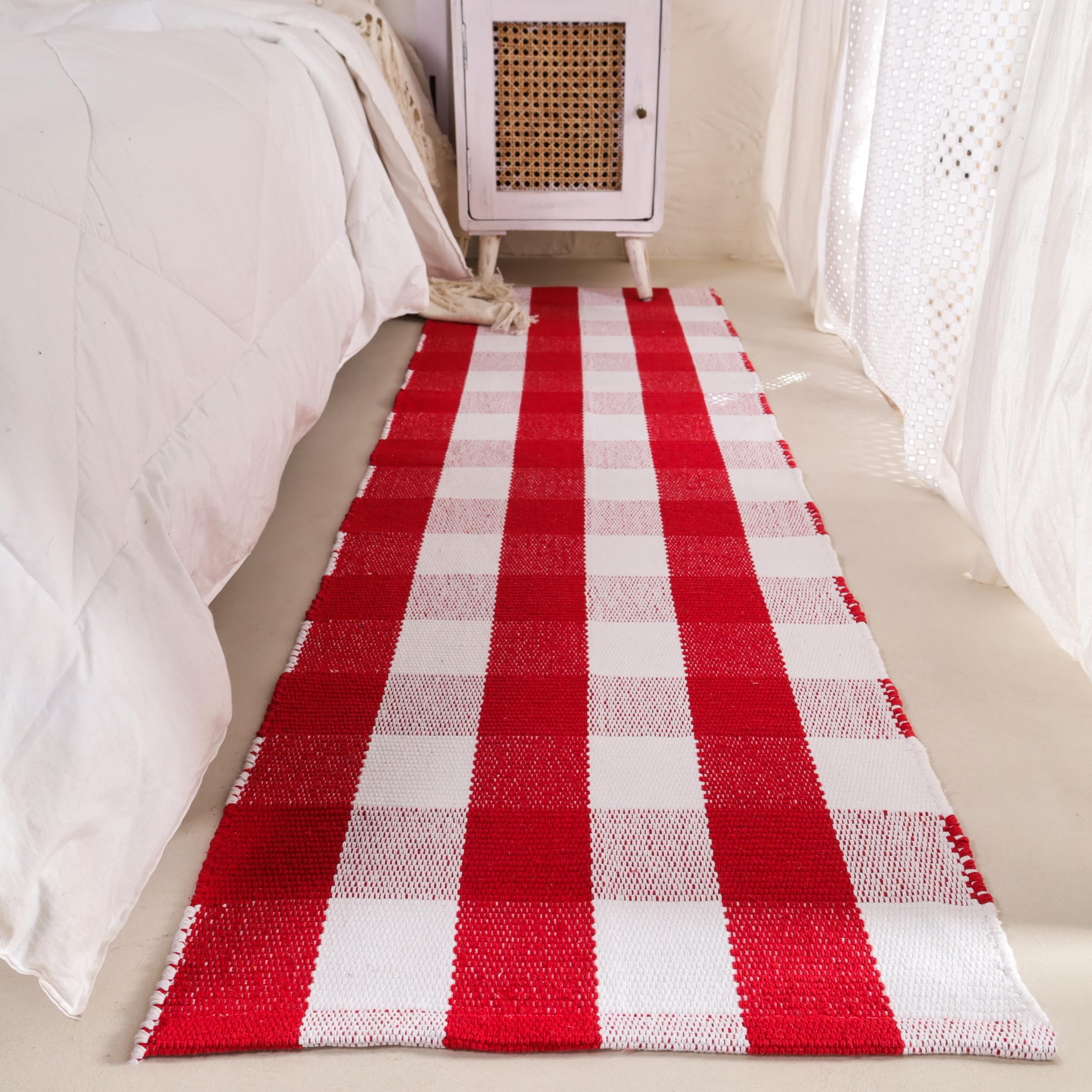 HOMEMONDE Cotton Plaid Runner Rug 2' x 6' | Red and White Checkered Hand-Woven Indoor Outdoor Area Rugs | Washable Layered Door Mat for Front Porch,