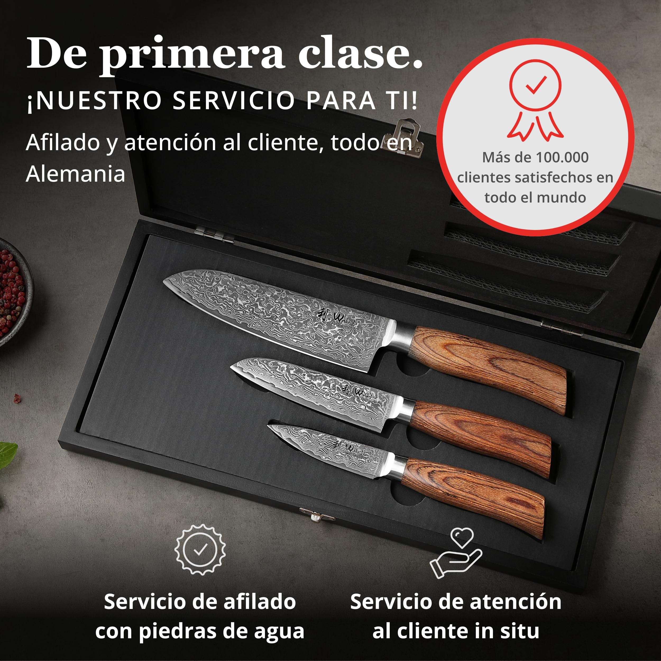 WAKOLI EDIB Pro juego de 3 cuchillos de cocina de acero de damasco de 67 capas con núcleo VG10, 2 cuchillos Santoku y 1 puntilla, mangos ergonómicos de madera Pakka, caja de regalo de madera