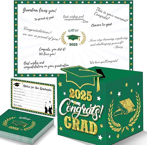 algpty Decoraciones de graduación negro y dorado Alternativa para libro de invitados, caja de tarjetas de graduación con 36 tarjetas de consejos de