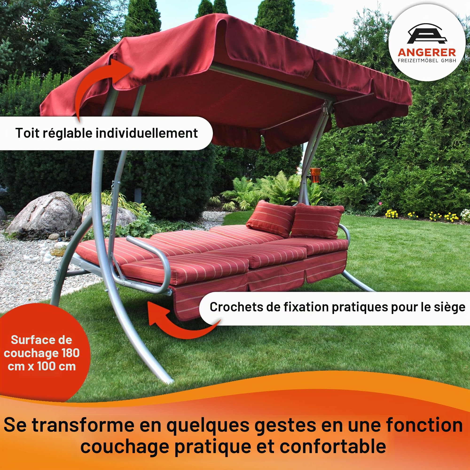 Angerer Balancelle de Jardin Ibiza, 3 Places, Convertible en Lit, Acier Galvanisé, Toit Réglable, 210 x 145 x 160 cm, Capacité 270 kg, Made in Germany (Rayures Vertes)
