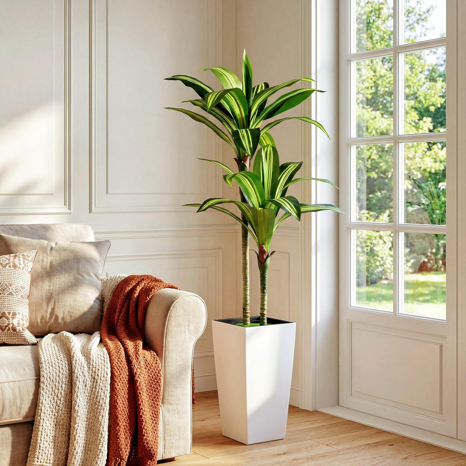 Artificial Dracaena Tree 5FT Fake Tree Indoor with White Tall Planter, Real Touch Dracaena Artificial Plants Indoor for Living Room Porch Décor Office,Housewarming