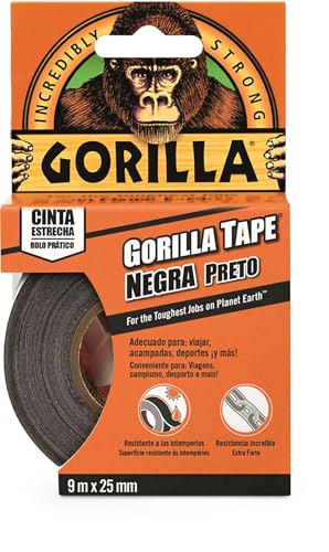 Gorilla Tape - Cinta Americana Negra, 9 m x 25 mm | Agarre Extrafuerte en Superficies Rugosas e Irregulares | Tricapa y Resistente a las Intemperies