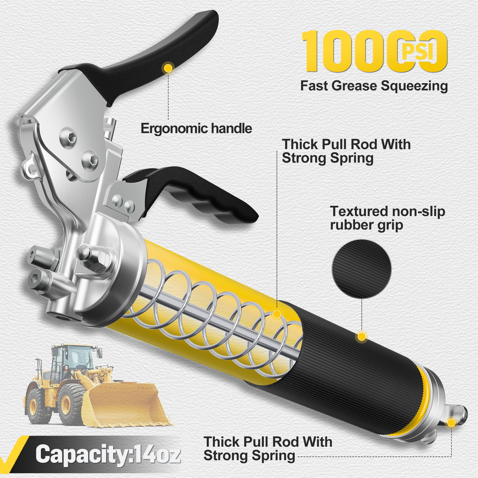 Zestaw pneumatycznych smarownic, 10000 PSI Heavy Duty Pistolet do smarowania o pojemności 400 ml, 2 x 45 cm elastyczne węże z żywicy, 4 uniwersalne łączniki i sztywna rura przedłużająca
