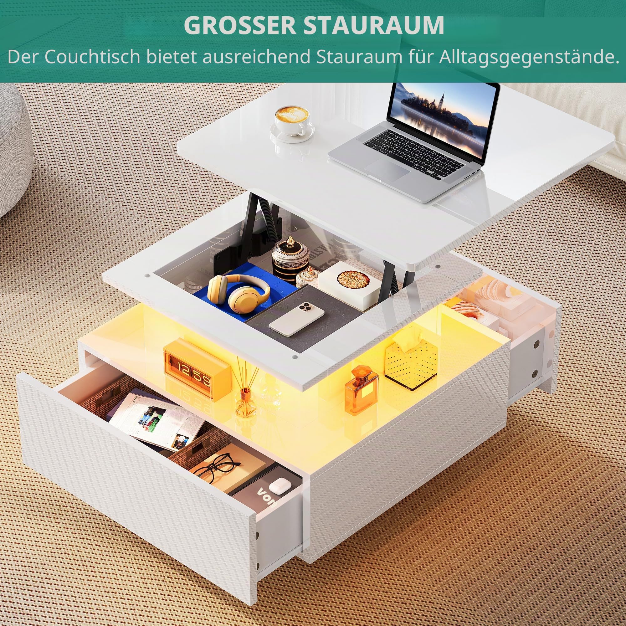 YITAHOME Couchtisch Höhenverstellbar mit LED Beleuchtung Modern, 60x60x45cm, Wohnzimmertisch Hochglanz mit Offenem Ausstellungsregal und 2 Schubladen