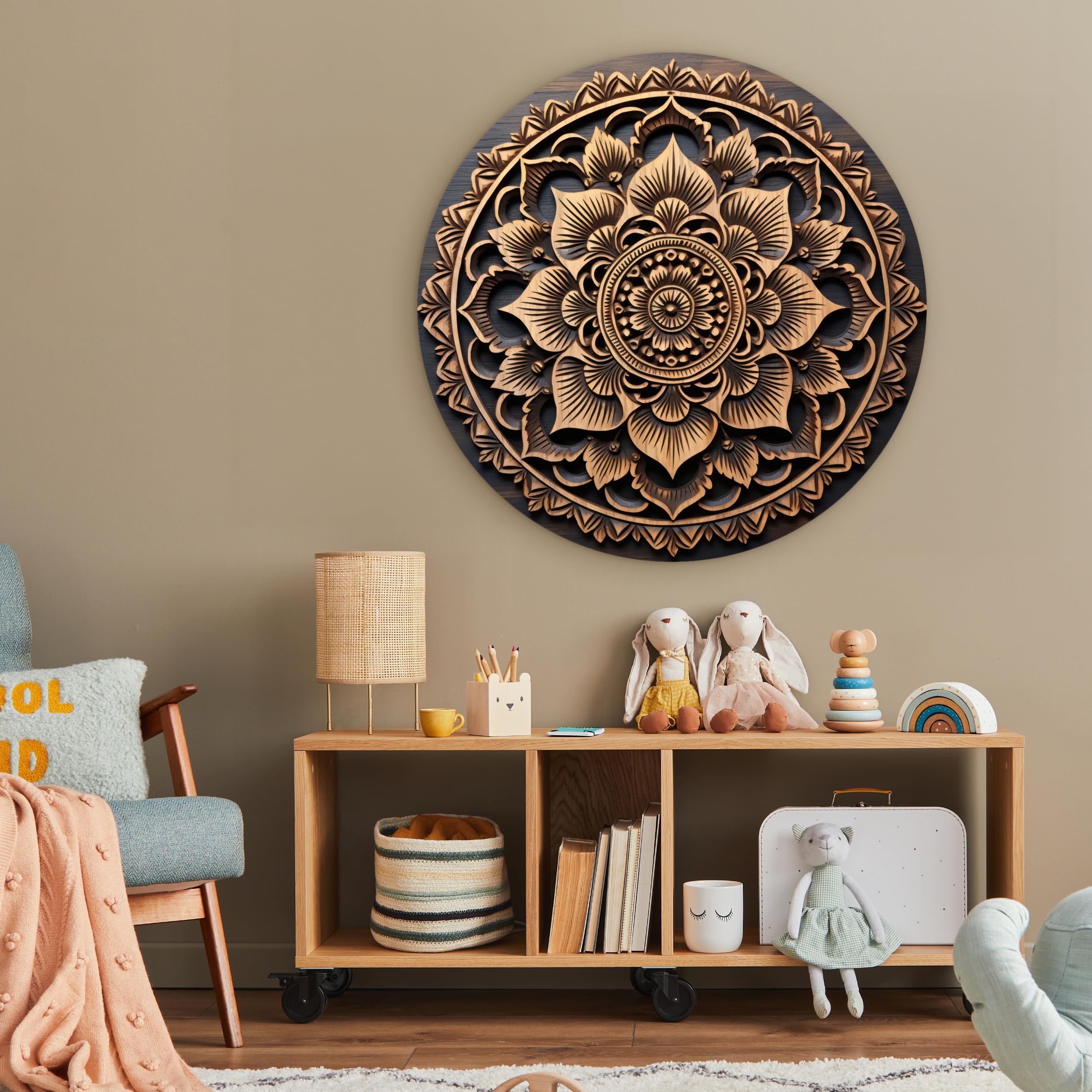 MuchoWow© Quadro Rotondo Ø90 cm Salotto Ufficio Cuadro Moderne Finestre Design Murale Bedroom Stanza Fiori Natura Soggiorni Grande Pareti Mandala - Legno - Marrone