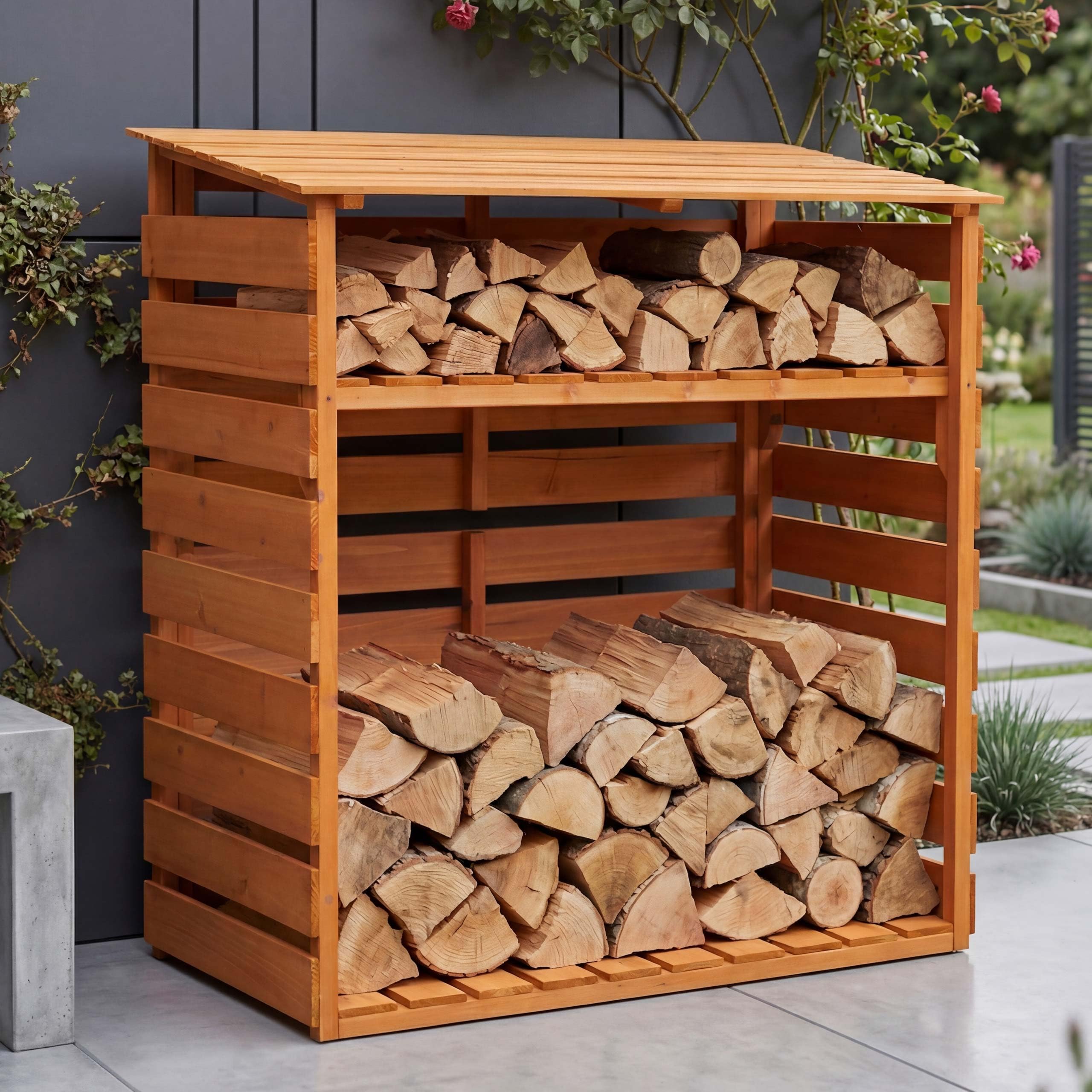 Mendler Brennholzlager HWC-Q16 121x122x61cm Holz - Natur | Kamin-/Feuerholzregal, Holzlager, Holzunterstand, Ablage, Tanne, FSC®