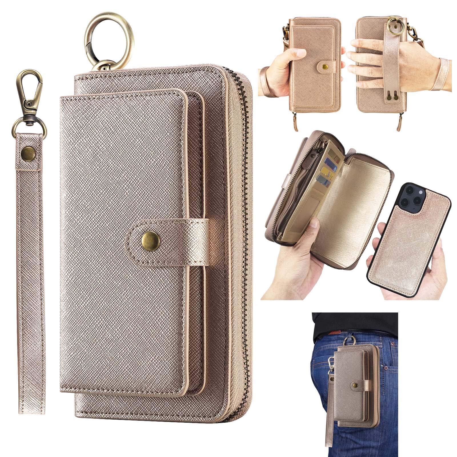 LITOU Compatibile con iPhone 14 Custodia a portafoglio con cinturino in pelle PU, con cerniera, porta carte e custodia posteriore magnetica rimovibile per uomini e donne, RG