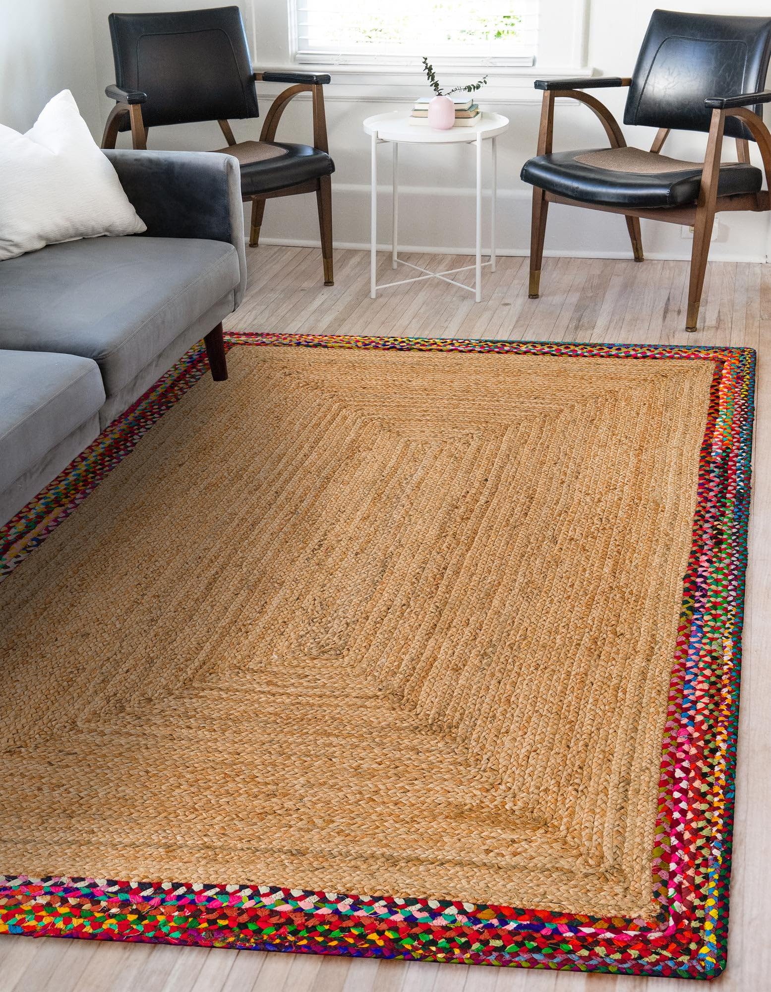 DANGAYACH ART Indian Handmade Braided Multi Cotton with Natural Jute Area Rug, Jute Rug, Living Room Size- 4 x 4 Feet Square (120 cm x 120 cm)