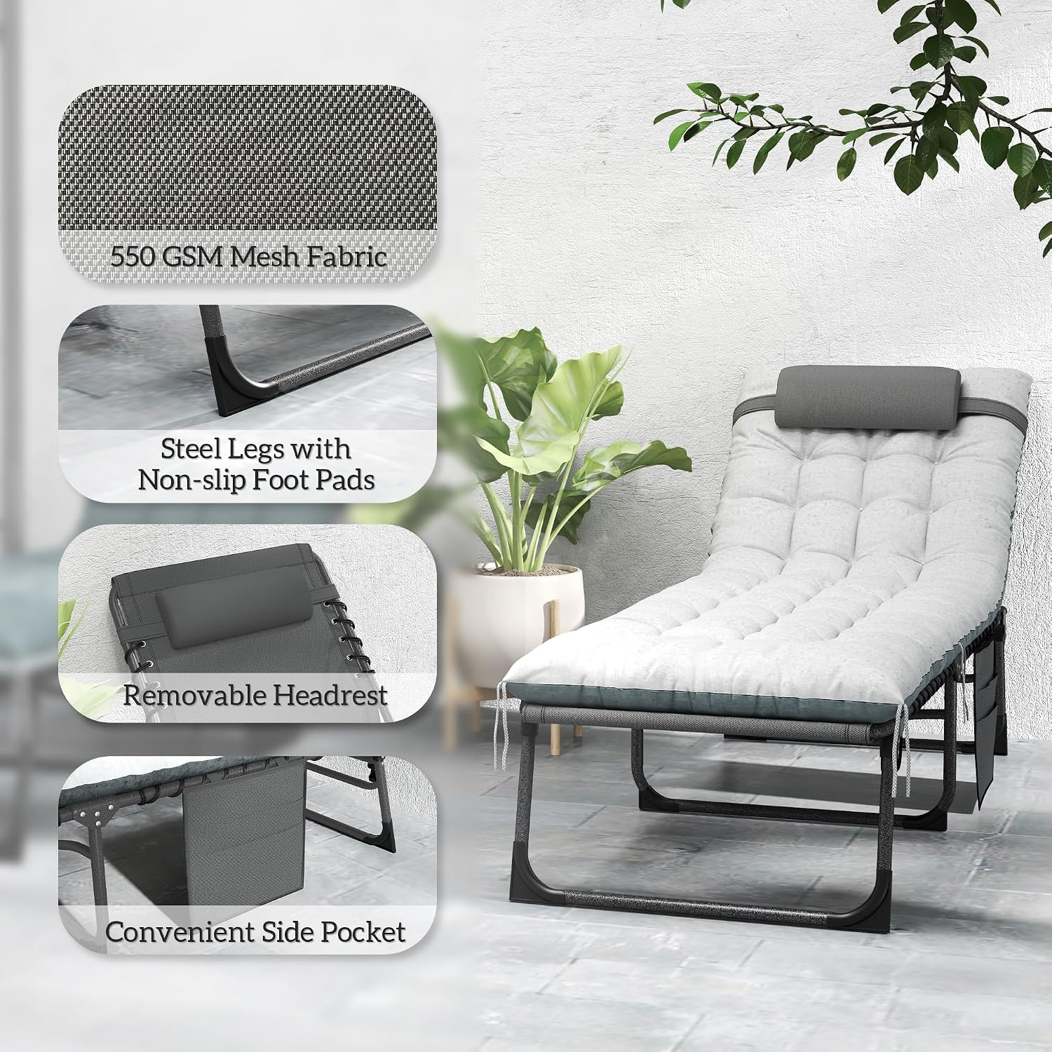 Outsunny Chaise Lounge Chair Outdoor Set of 2, 5-Position Adjustable Outdoor Pool Lounge Chairs, Folding Tanning Chair Beach Lounger with Cushion, Headrest, Side Pocket for Patio, Yard, Gray