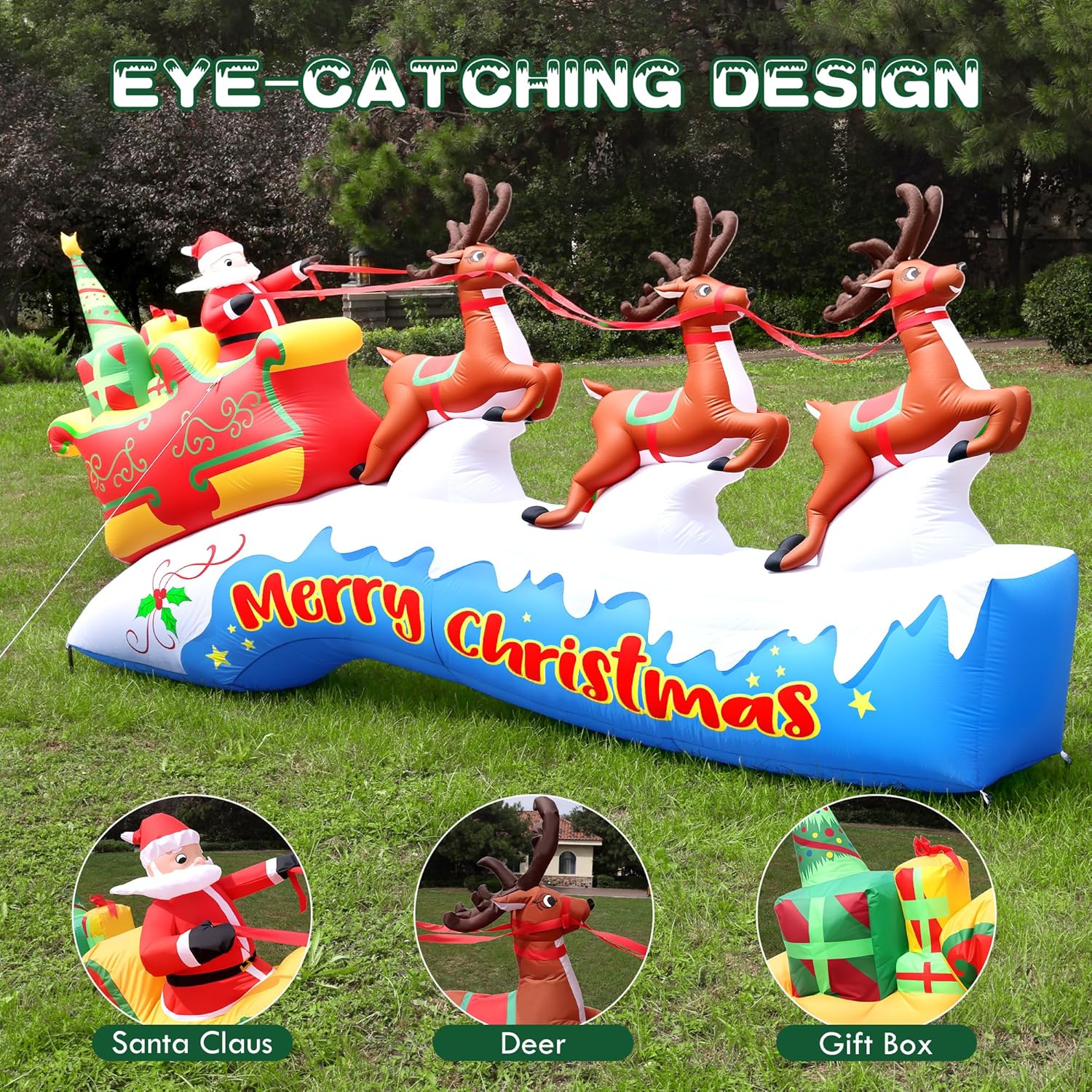 12FT Long Christmas Inflatables Outdoor Decorations, Santa Claus on Sleigh and 3 Reindeers Giant Blow Up Yard Decorations with Built-in Bright LED Lights for Outside Lawn Holiday Xmas Decor - Image 3