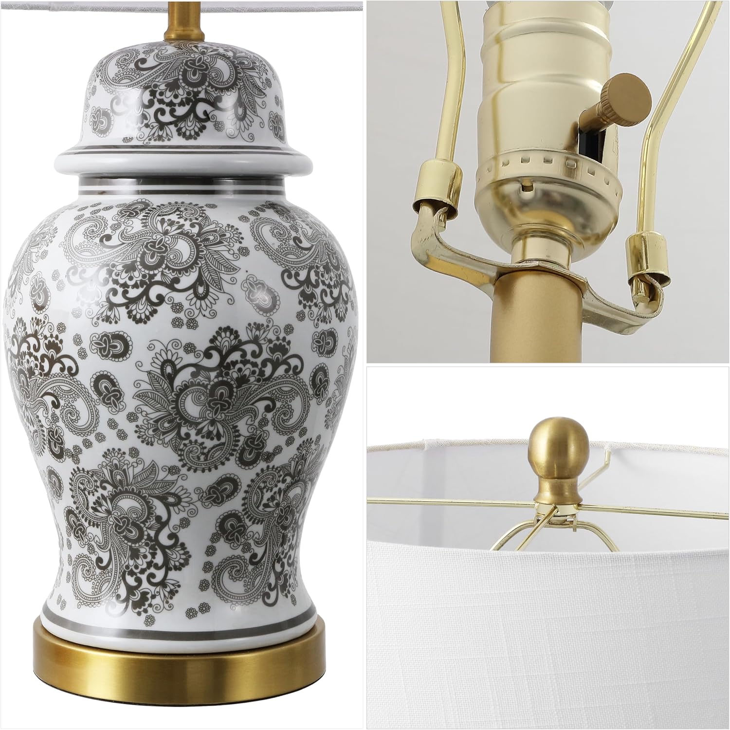 JONATHAN Y 29.5" Gray/White Ceramic Table Lamp for Living Room and Office, White Linen Drum Shade, Traditional Chinoiserie Ginger Jar Lamp, LED Bulb Included (JYL3008B)