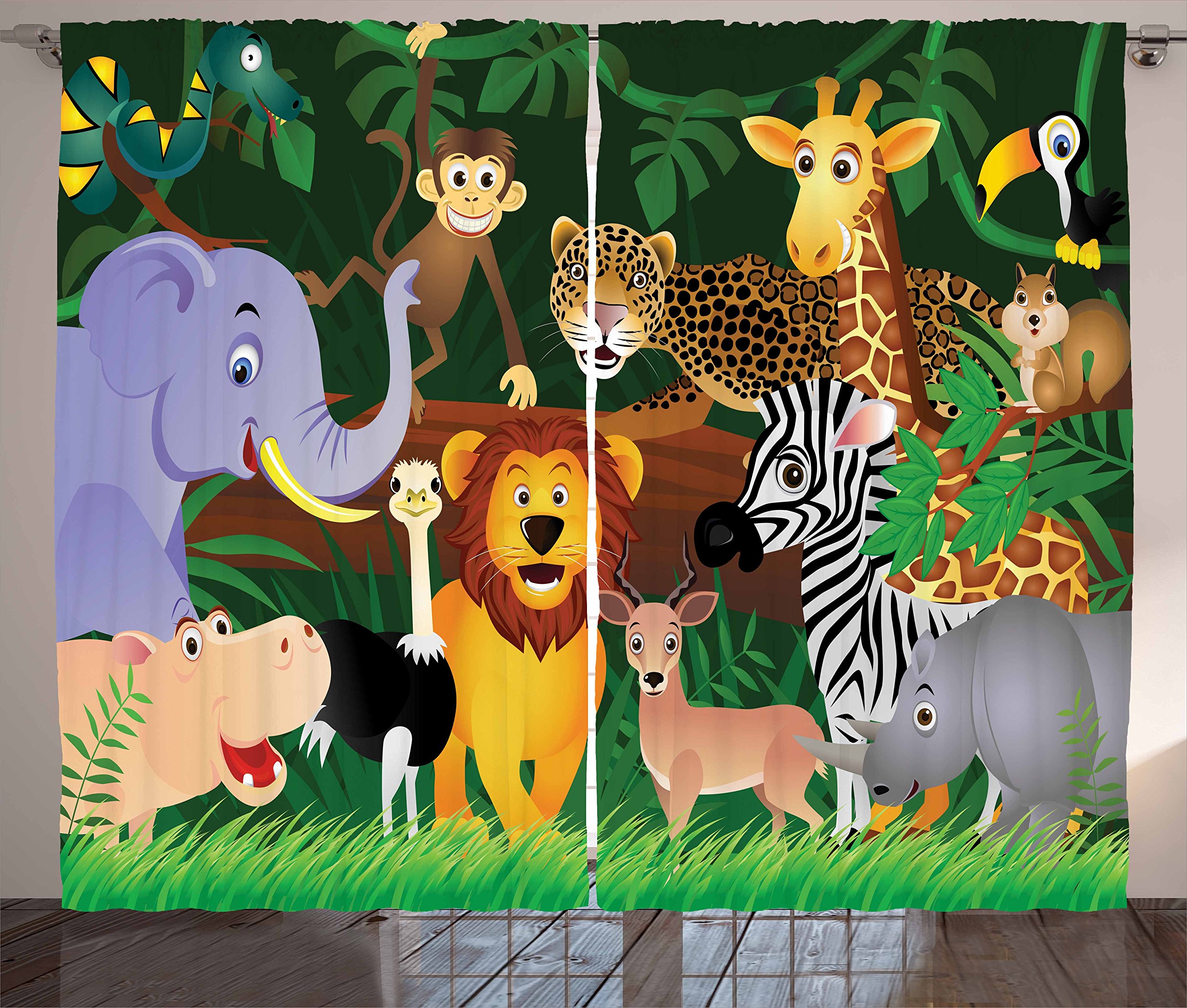 Ambesonne Zoo Curtains, Animals in The Jungle Funny Expressions Exotic Comic Cheer Natural Habitat Illustration, Living Room Bedroom Window Drapes 2 Panel Set, 108" X 84", Pine Green