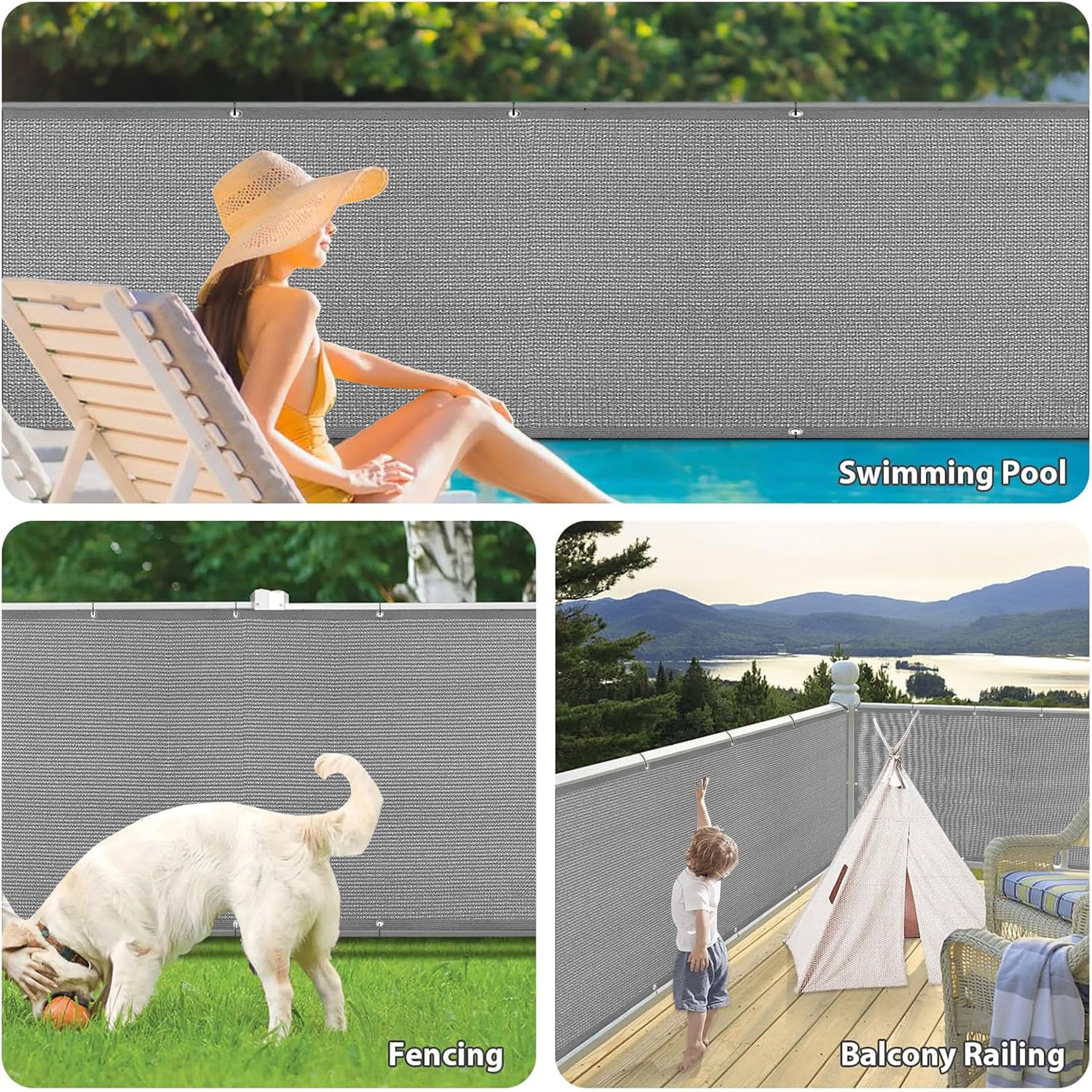 Brise Vue Balcon 90 x 140 cm Antidéchirure, Vent, Couverture de Confidentialité Cache Vue Balcon Occultant avec Trous et Serre Câbles pour Jardin et Lieu de Fête Piscine, Gris