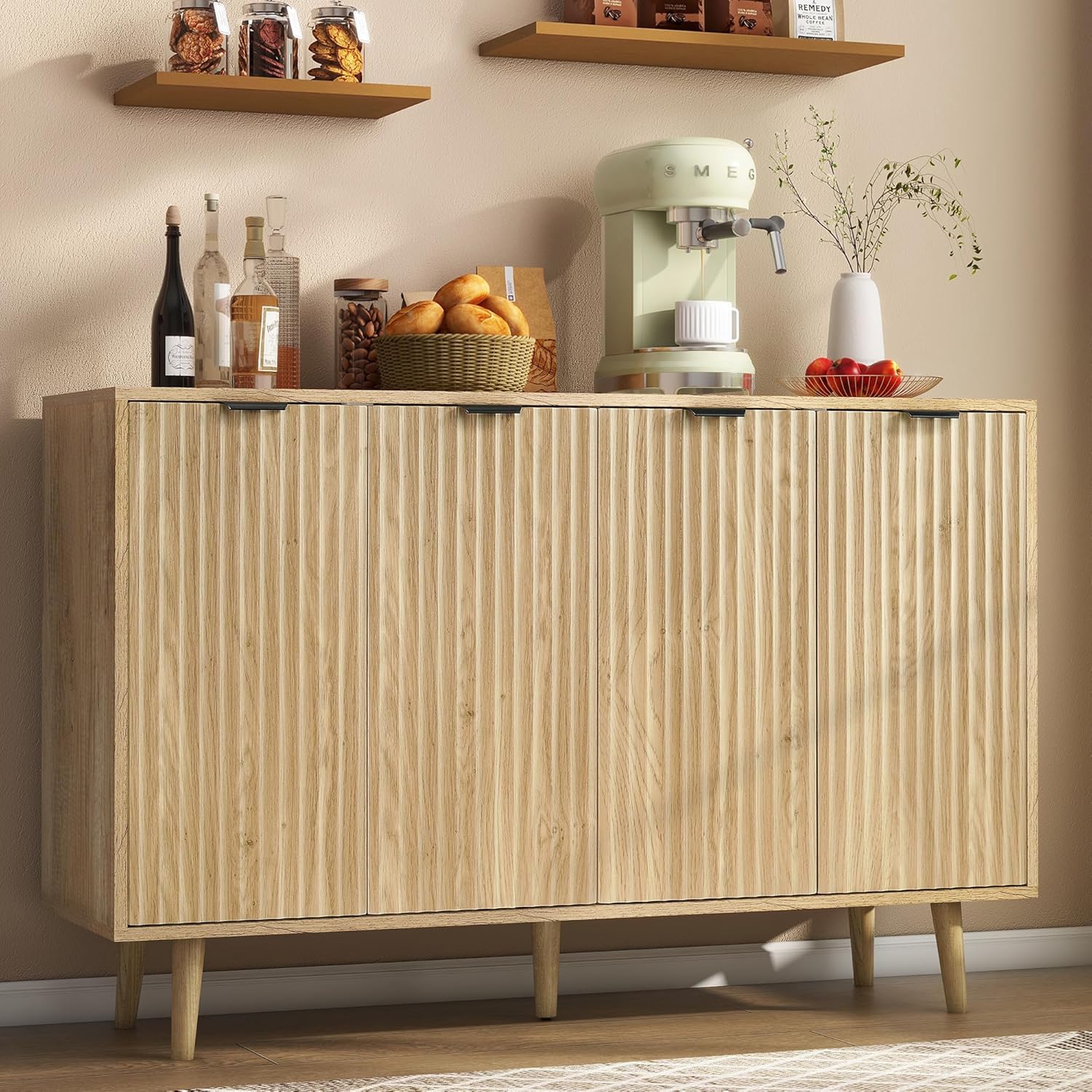 LYNCOHOME Fluted Sideboard Cabinet, Buffet Cabinet with 4 Doors, Kitchen Storage Cabinet with Solid Wood Feet for Kitchen, Dining Room, Hallway, Nature