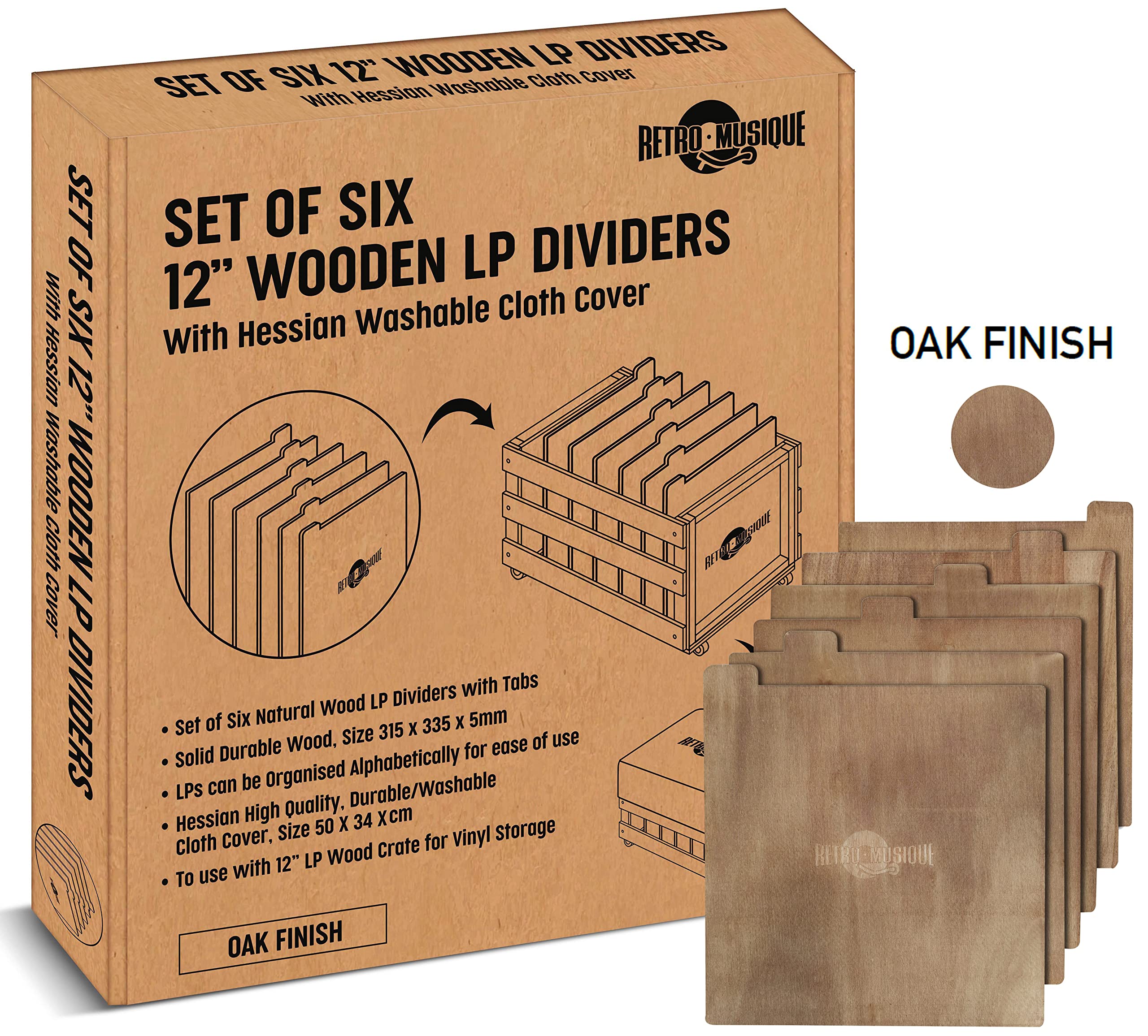 Divisori In Legno Per LP Vinile - Set Da 6 Con Copertura In Tela Di Iuta, Per Organizzare Dischi 30.5cm (Finitura Teak) - Foto 3