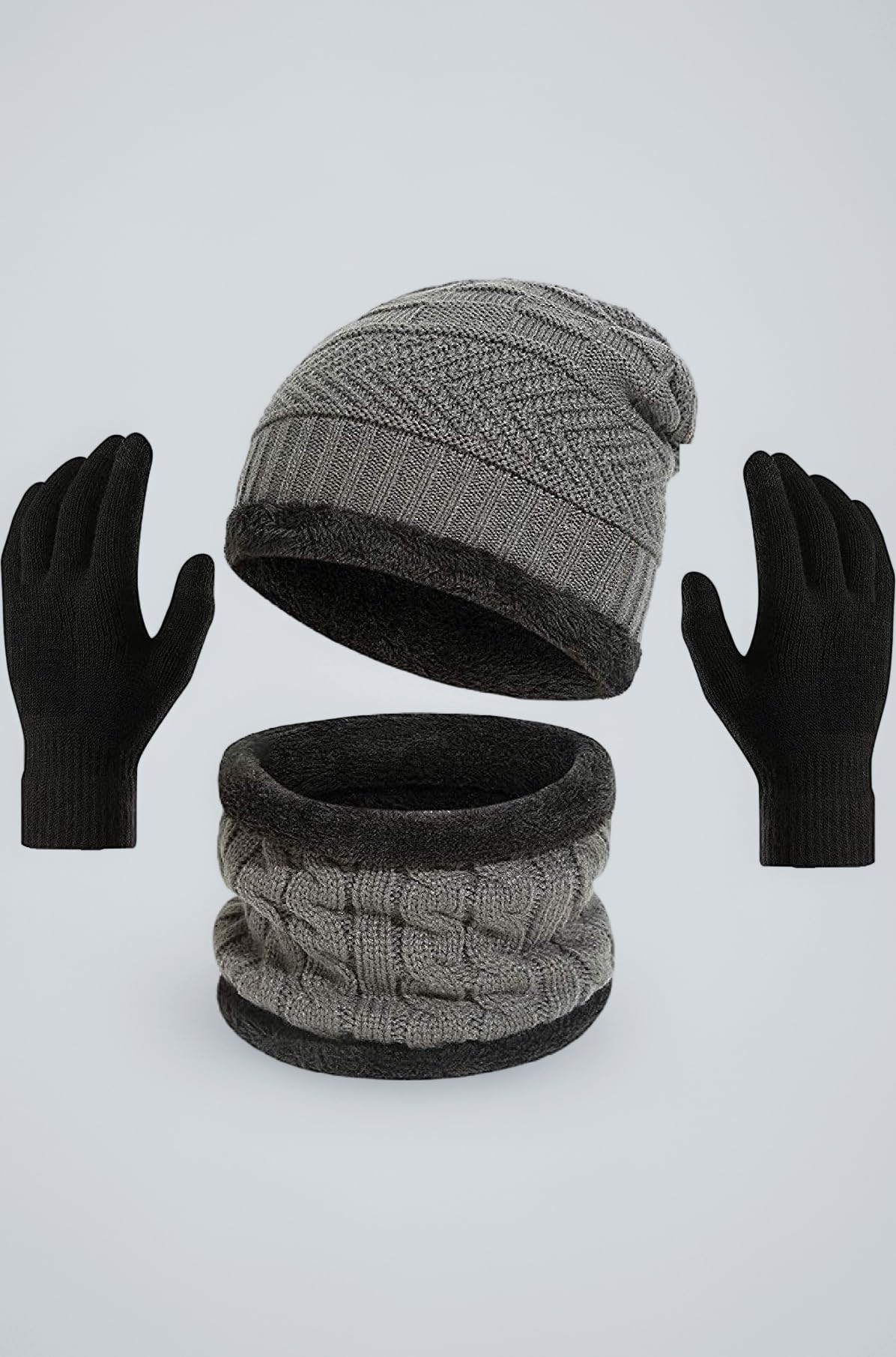 Winter Knit Beanie Cap Hat Neck Warmer Scarf and Woolen Gloves Set for Men & Women (3 Piece)