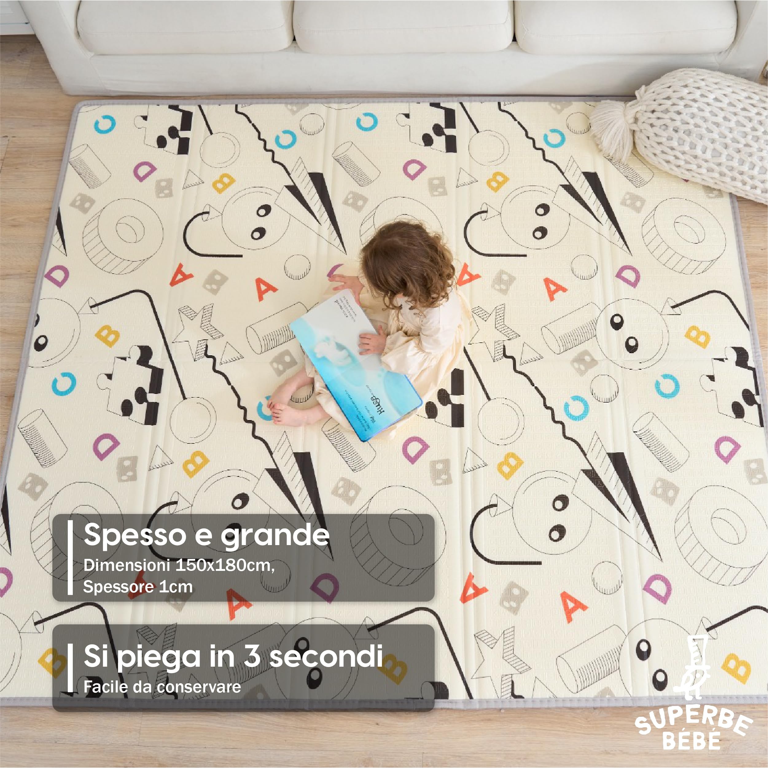 Tappeto Gioco Bambini Pieghevole 150x180x1cm Palestrina Neonato Montessori Reversibile Non Tossico E Impermeabile In Schiuma Per Bimbi. Palestra Neonati - Tappeto Tummy Time Neonati - Regalo Bambino