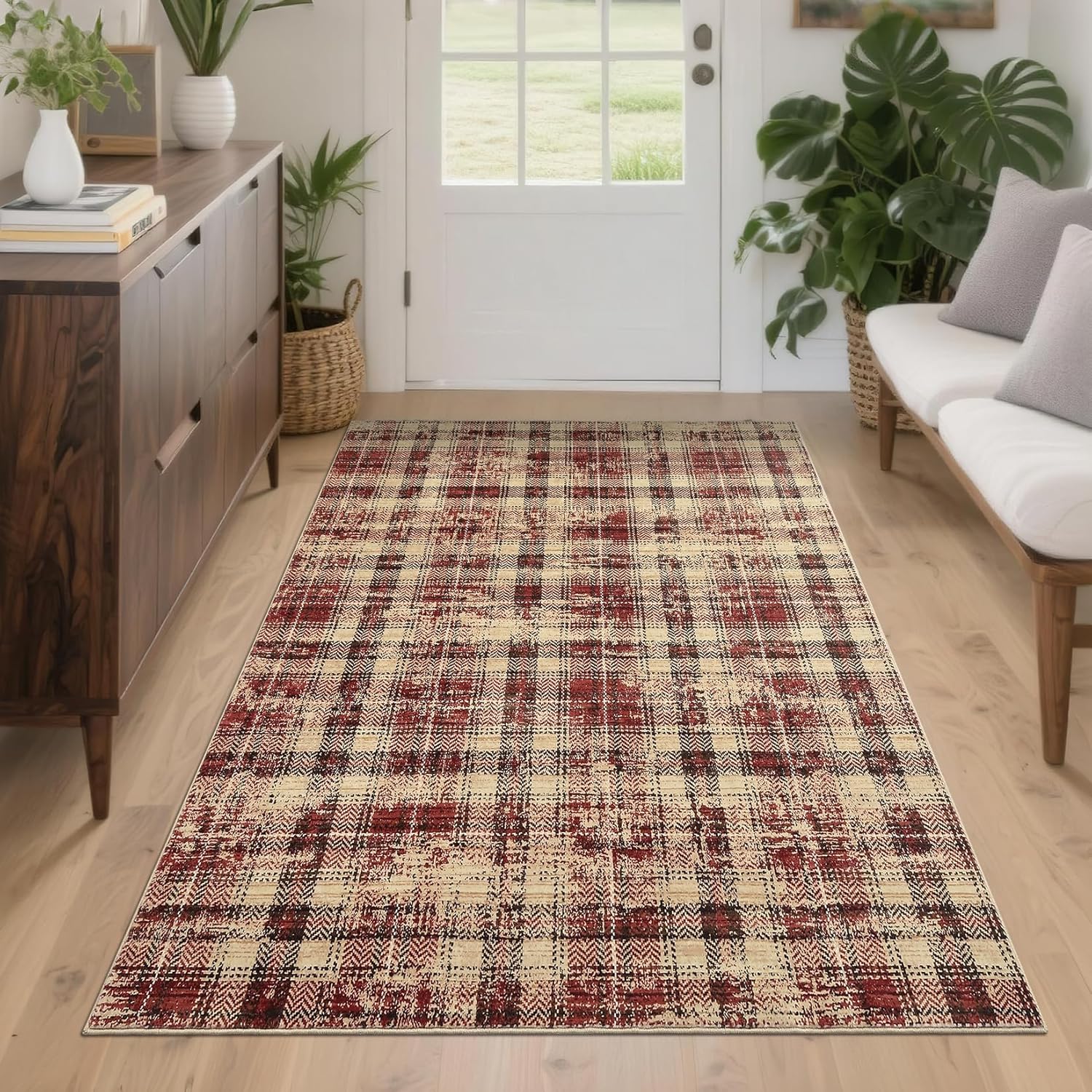 washable area rug 3x5 christmas rug with non slip rubber backing, modern plaid bedroom rugs farmhouse soft low pile rustic accent rug for entrance living room kitchen home decor red 3' x 5' (rectangular)