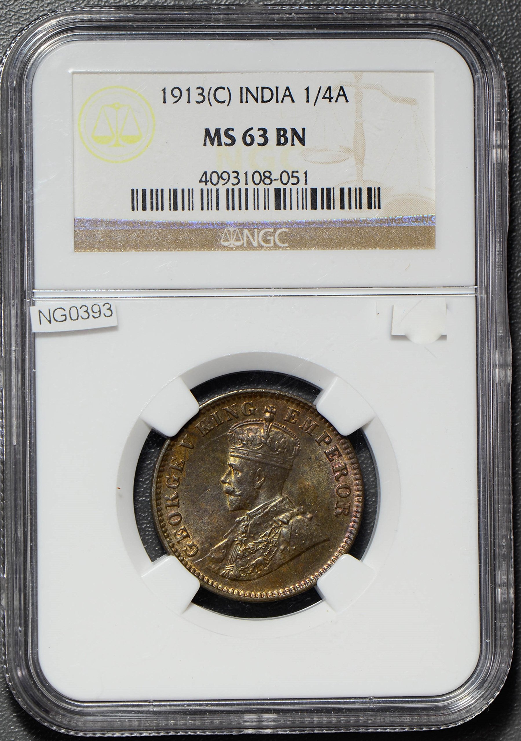 Collectible Coin NG0393 British India 1913 C 1/4 Anna NGC MS63BN 