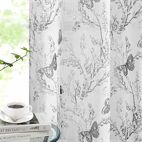 Jubilantex Cortinas Semitransparentes de Hoja de Mariposa 84" L Paneles de Cortina para Dormitorio de Niños, Estampado Negro sobre Blanco Cortinas