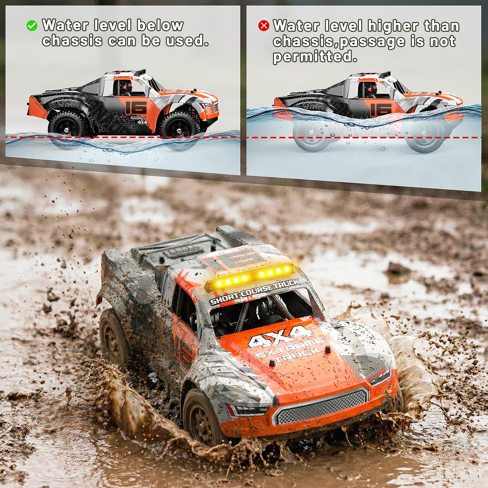 Ferngesteuertes Auto 1:16 RC Auto 4WD Gelände Truck, RC Drift Truck 36 km/h | RC Car mit Drift-Reifen, 2x 7,4V 1300mAh Akku, Metall-Antrieb, RTR, 2,4GHz, Geschenk für Teenager Erwachsene & Jungen