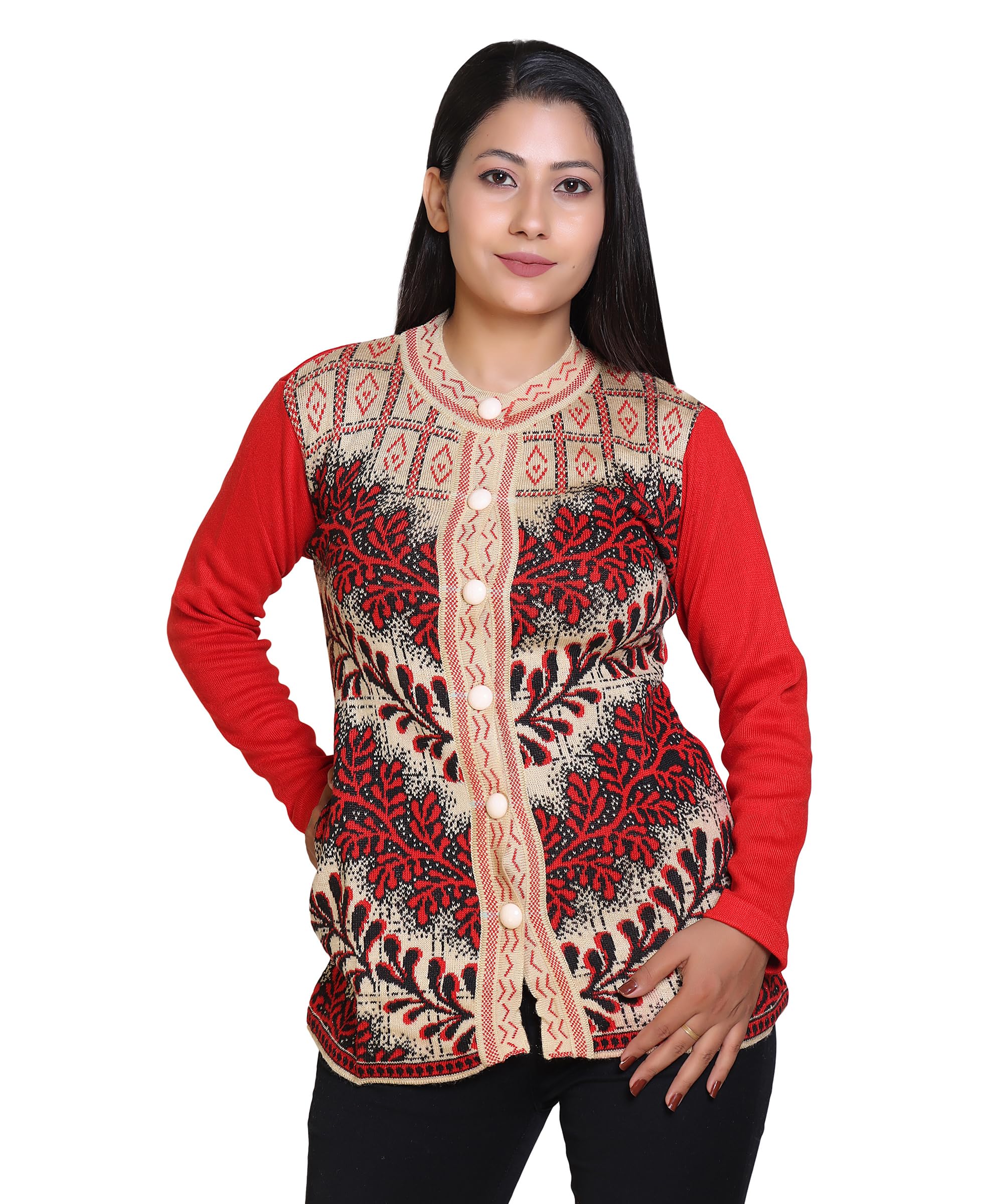 GRANDLINE Winter WEAR Lady Cardigan for Casual WEAR with Multicolor Frontal Leaf Design-image-4