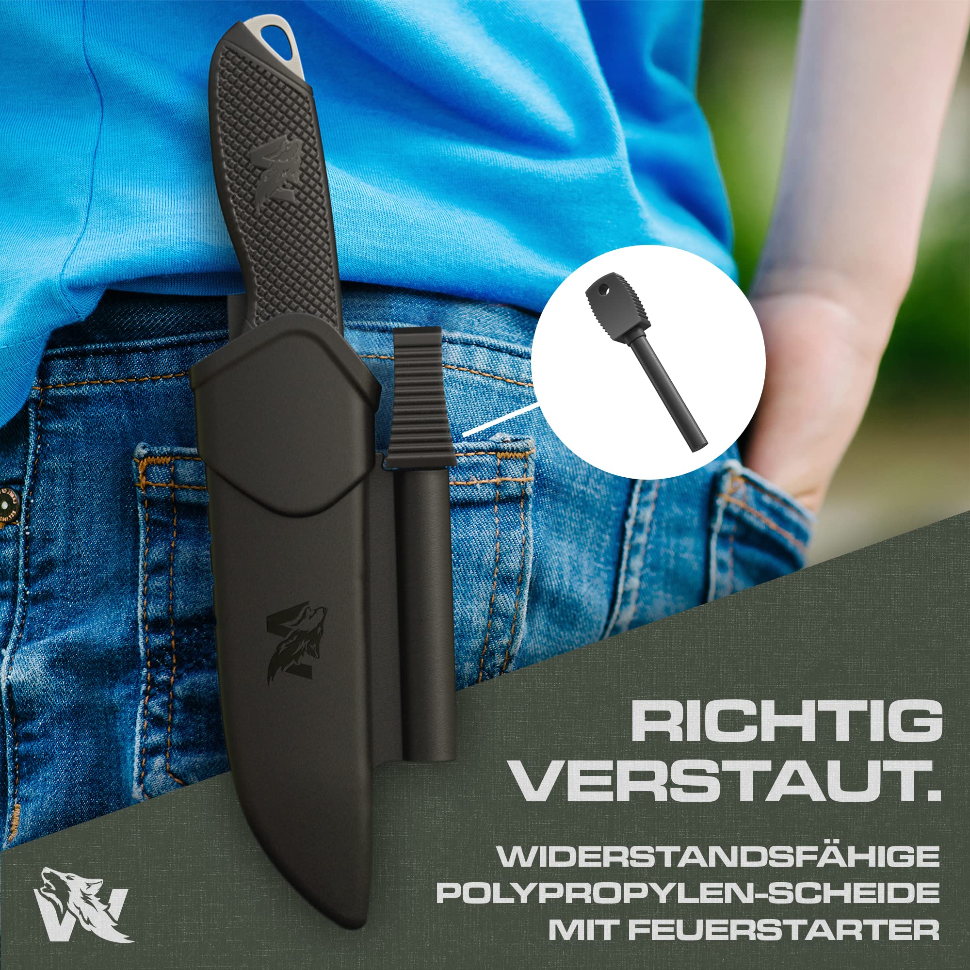 Wolfgangs W-KIDS - Schnitzmesser Kinder mit Süßem Kindermesser Führerschein - Outdoor Kinder Messer Set mit Scheide und Feuerstahl - DAS Kinder Schnitzmesser für das erste große Abenteuer