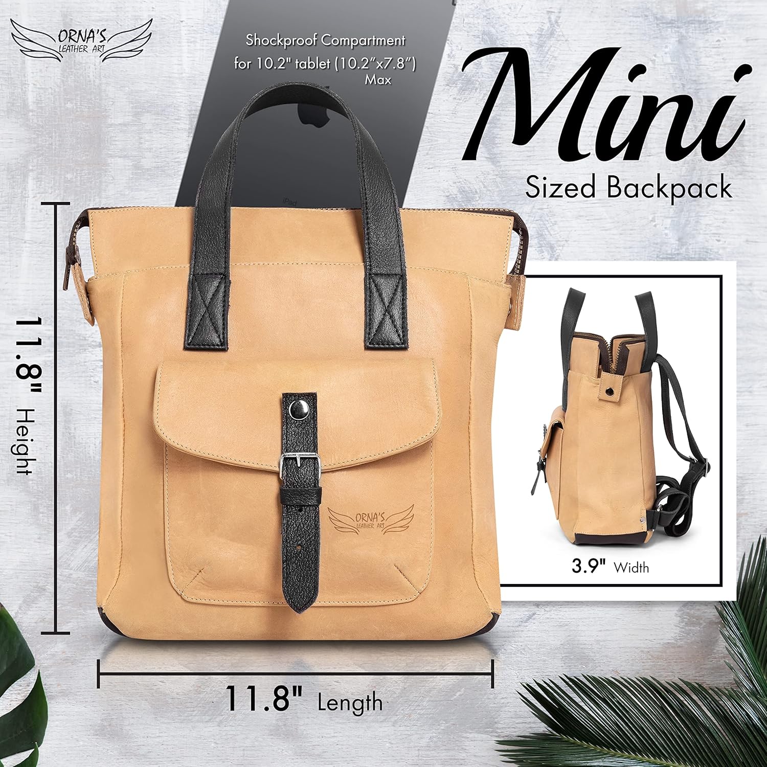 ORNA'S LEATHER ART | Mini SWAN Everyday leather backpack for Women. Practical, Stylish and Spacious Women’s Bag. Real Leather in A Chic Backpack And Contemporary Design (Sand)