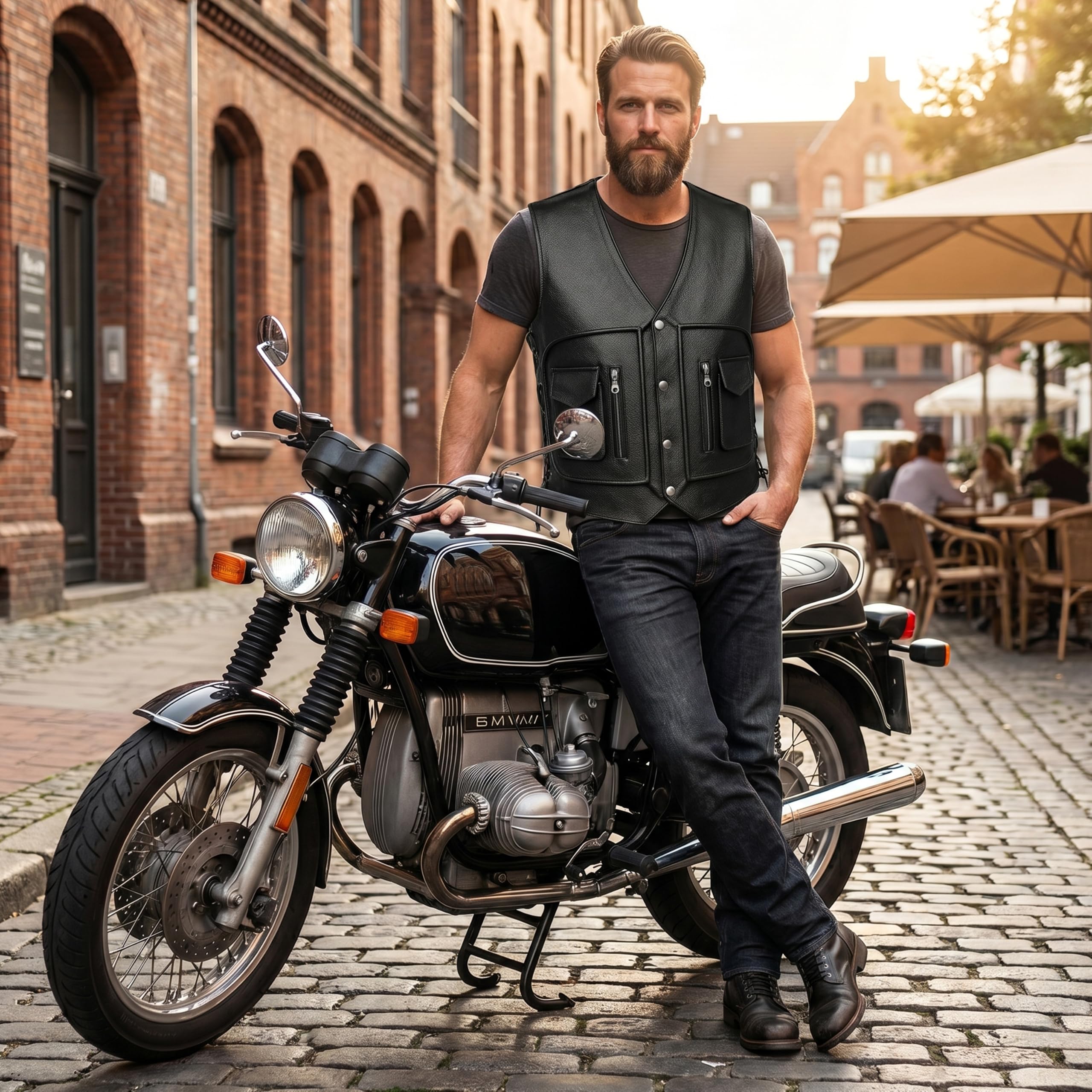 Rad Masters German Wear, Leder Motorrad Kutte Lederweste Bikerweste Motorradweste Weste Schnürung Schwarz
