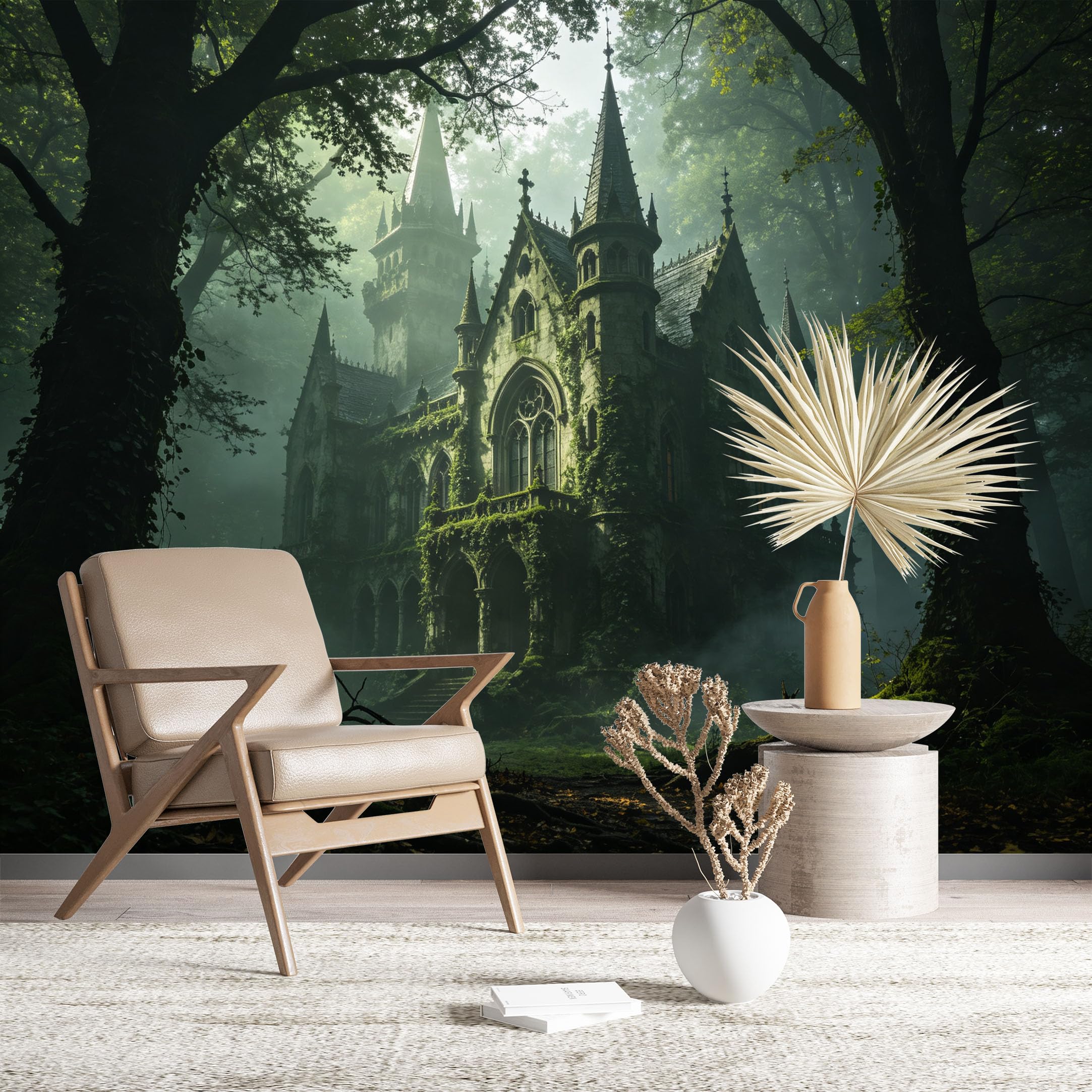 Custom Size Wall Murals Gothic Castle in Misty Forest HD Self-Adhesive Wall Fabric (NO PVC) Removable Wallpaper for Living Room Home Decor