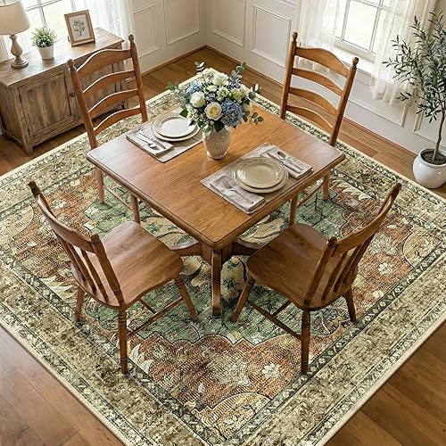 Area Rugs Square 8ft Washable Non-Slip, Floral Vintage Distress Print