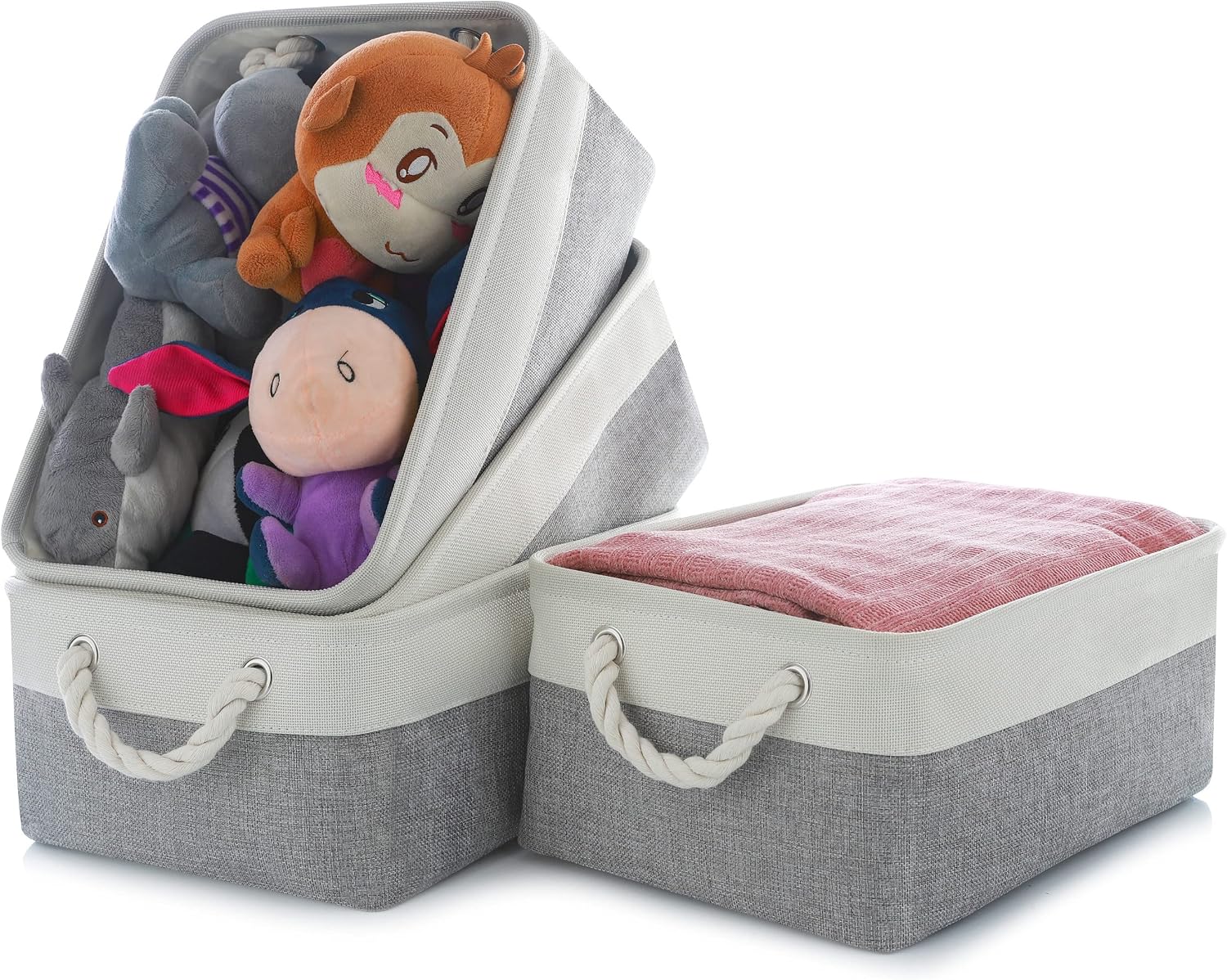 Citylife 4 Packs Fabric Storage Baskets for Shelves Collapsible Storage Bins with Handles Rectangular Baskets for Organizing (Grey & Beige, 14.2" L x 10.2" W x 6.3" H)