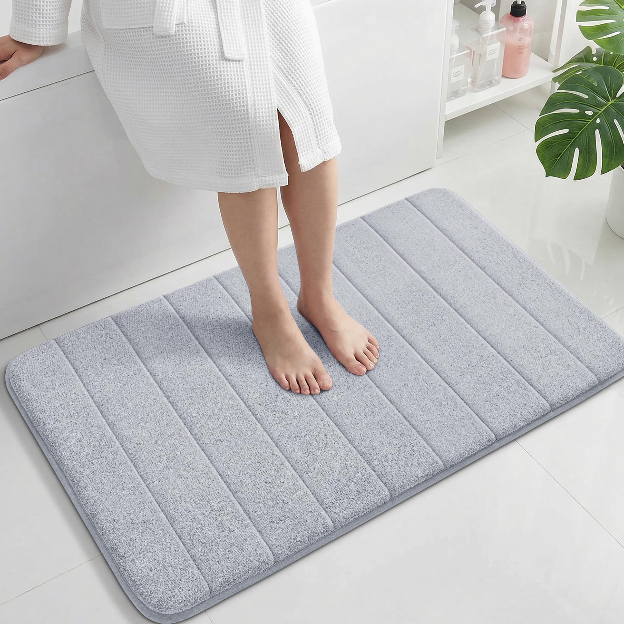 Yimobra Large Bath Mat 36"x24", Super Soft Quick Dry Memory Foam Bathroom Rug, Water Absorbent, Non Slip Backing Machine Washable for Tub Shower, Thick Comfort Support, Silver