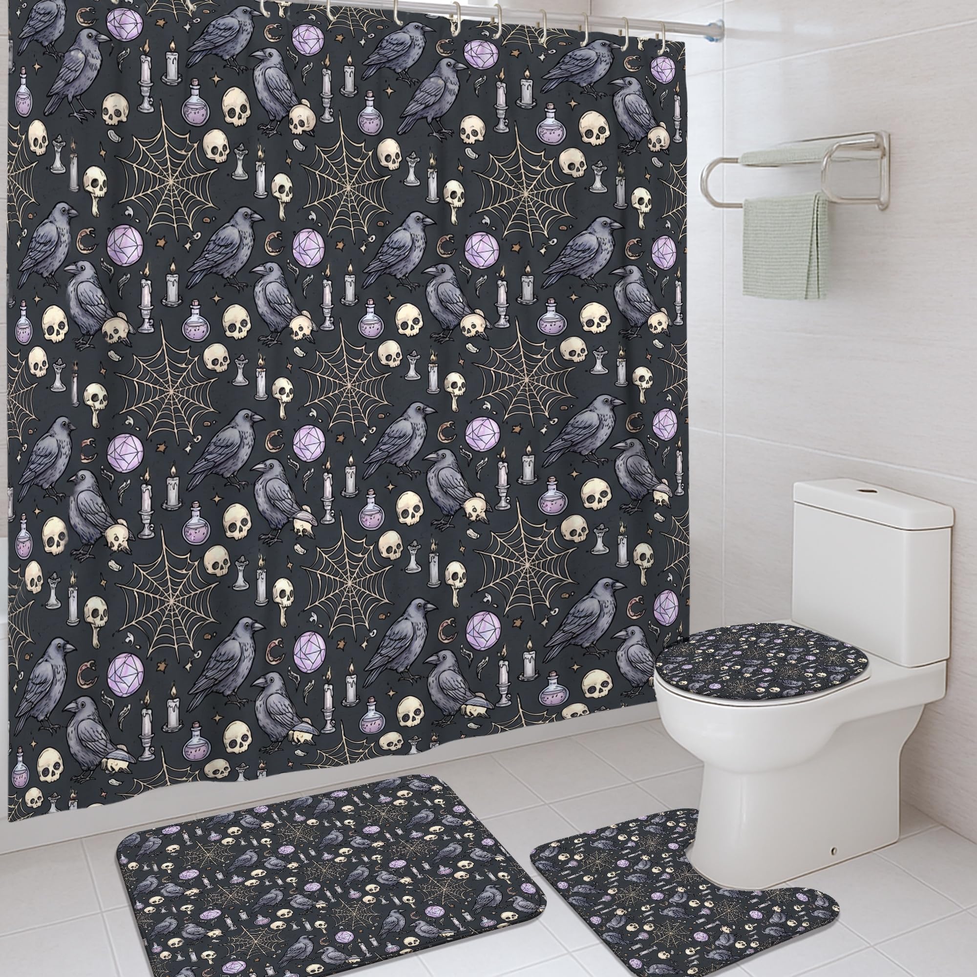 Rideau de douche Halloween lavable grand format noir tapis de bain