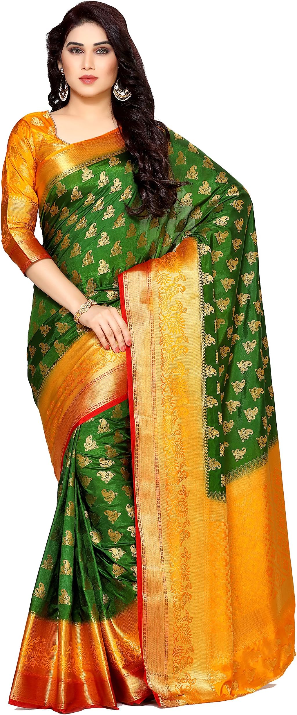 MIMOSA Women's Art Silk Saree Kanjivaram Style Color: Green